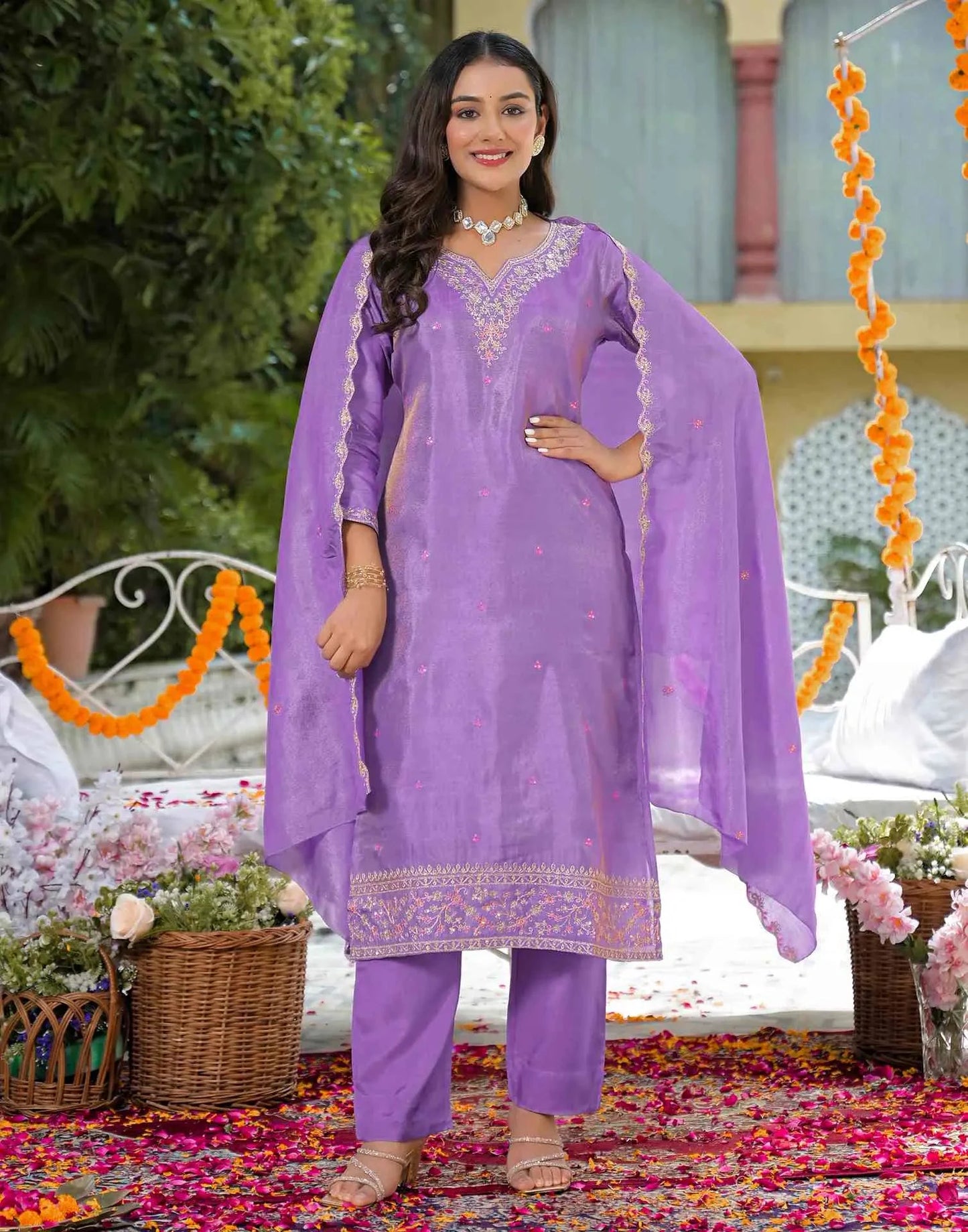 Tissue Silk Embroidered Straight U-Neck Kurta with Pant & Dupatta
