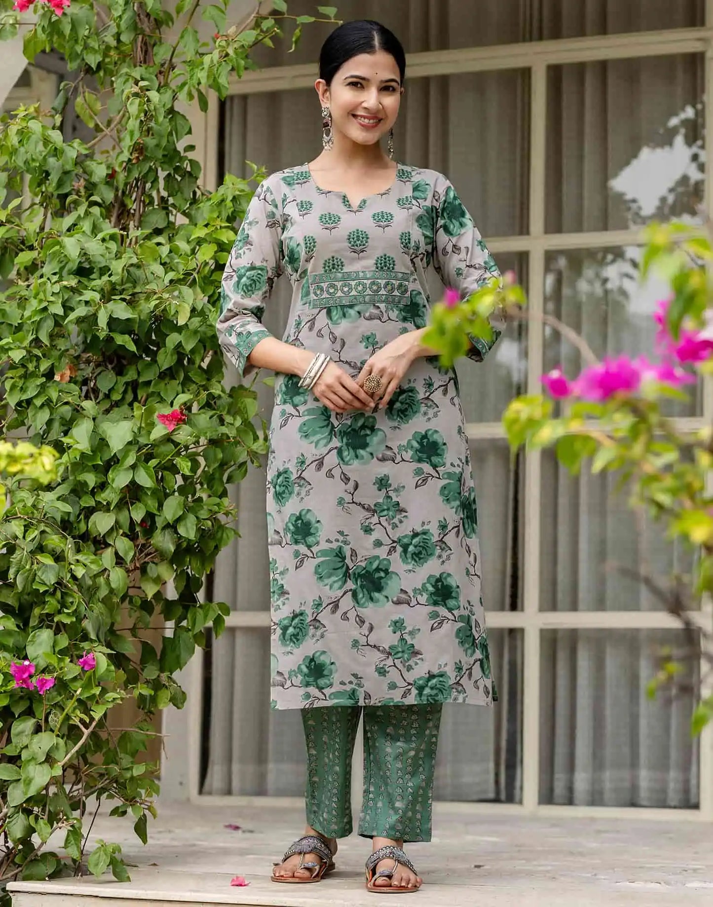 Grey Cotton Printed Straight Kurta Set with Pant and Dupatta