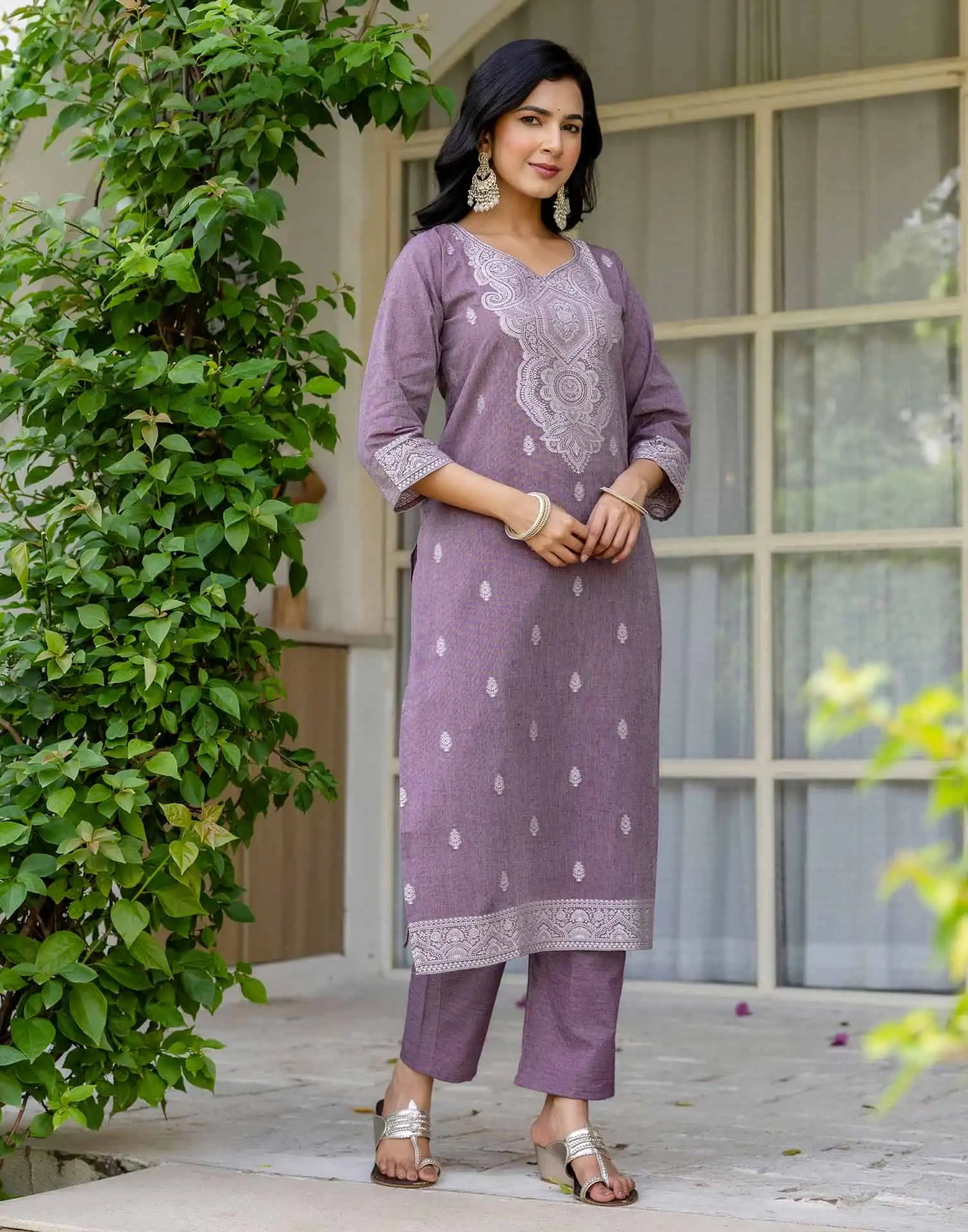 V Neck Cotton Kurta Set with Dupatta Under 1299 for Festive Wear