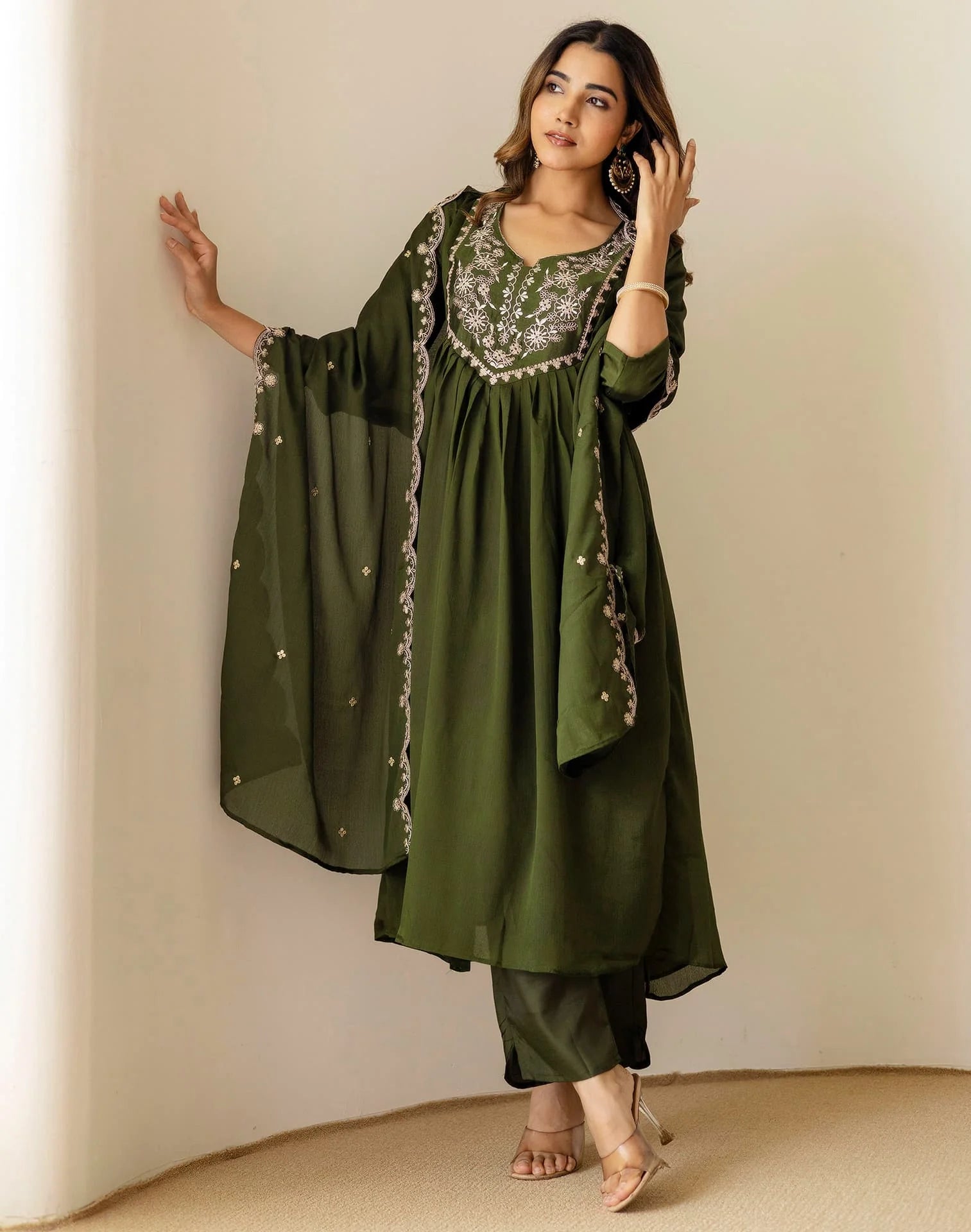 Green Silk Sequin Anarkali Kurta Set with Pant & Dupatta under 1299 