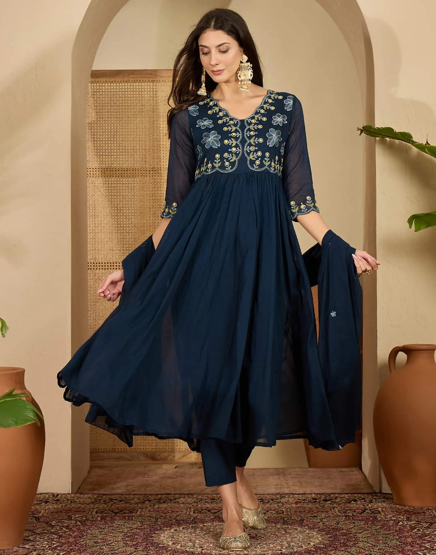 Blue Cotton Embroidered Anarkali Kurta with Pant & Dupatta for Women