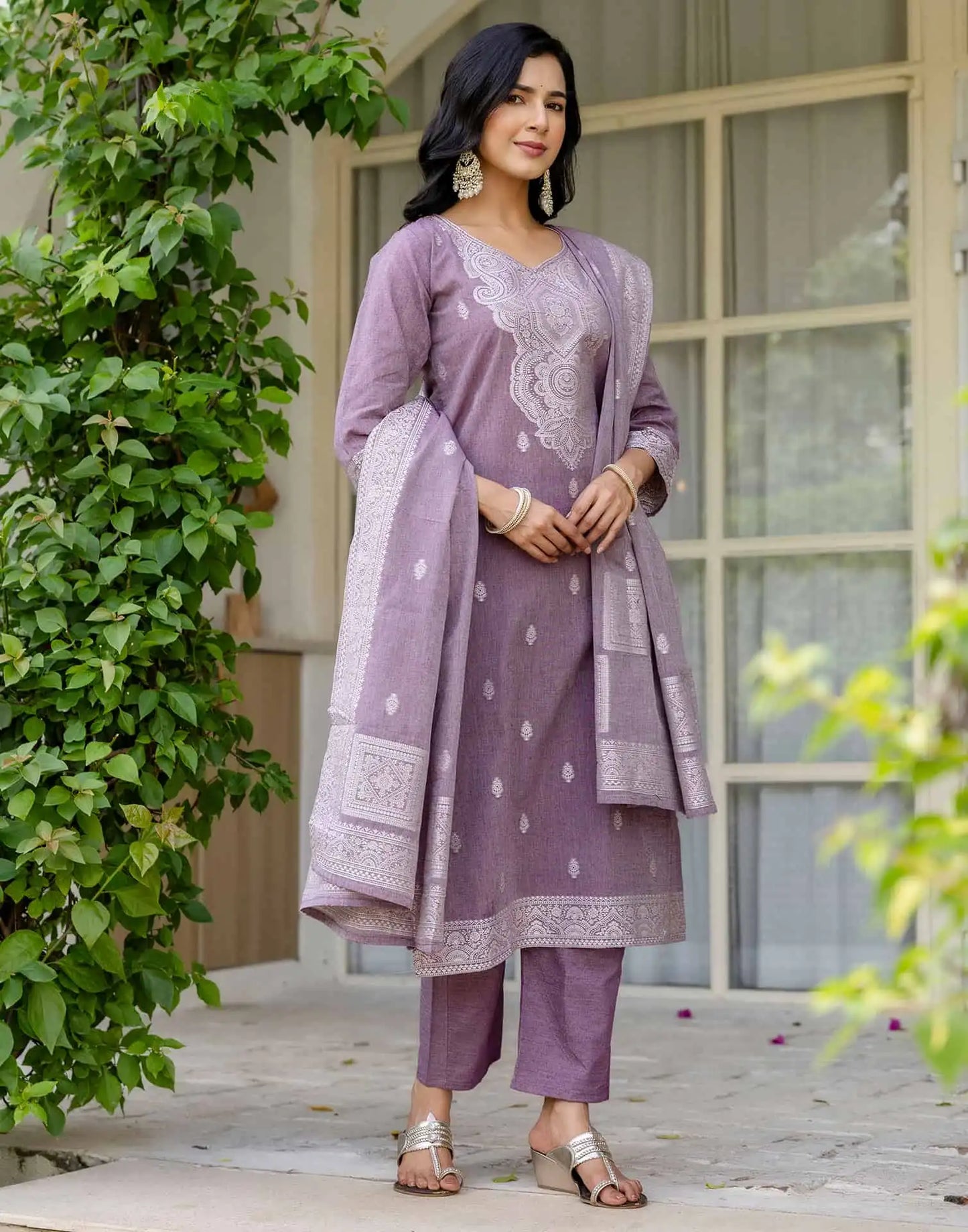 V Neck Cotton Kurta Set with Dupatta Under 1299 for Festive Wear