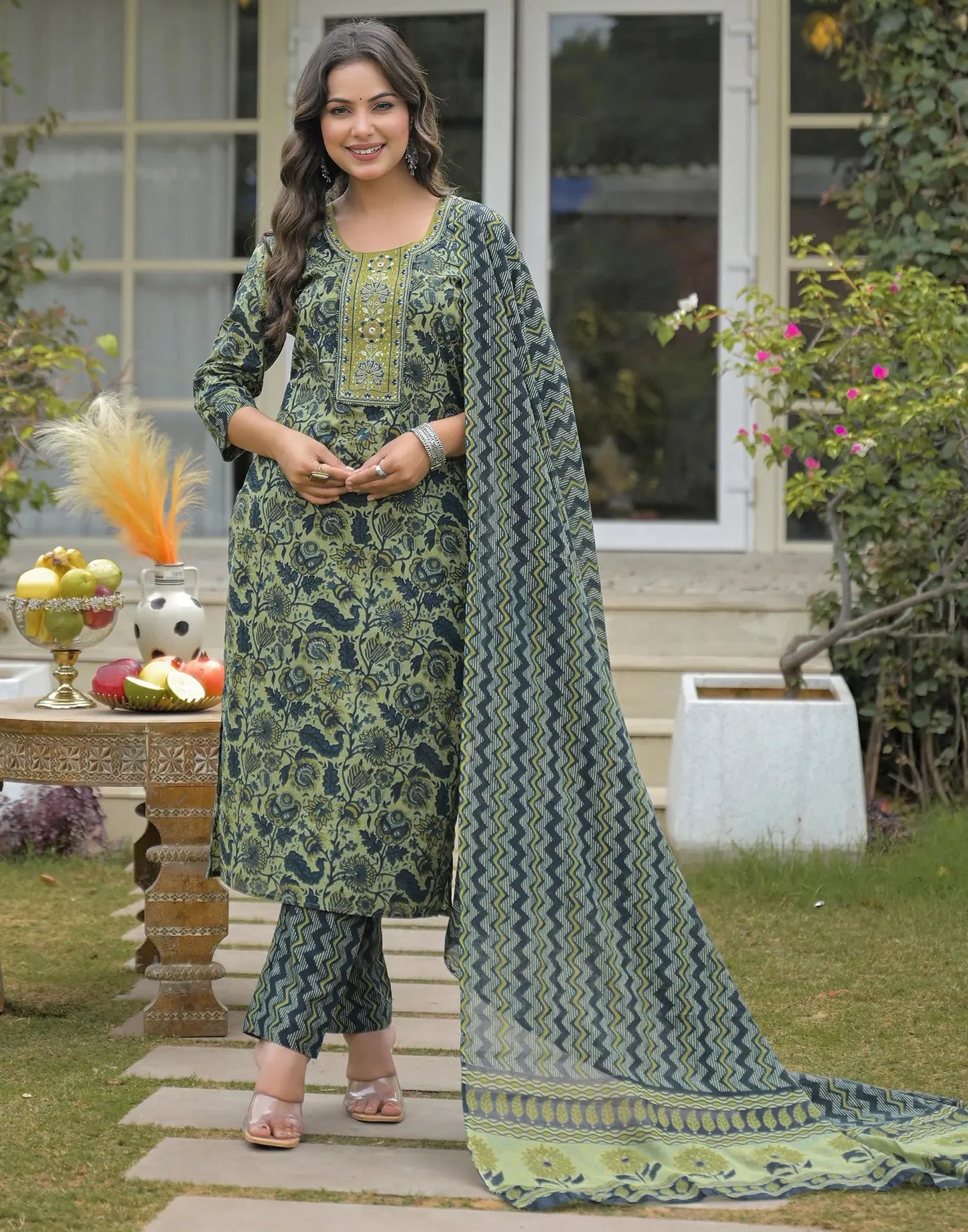 Cotton Embroidered Round Neck Straight Kurta with Pant & Dupatta