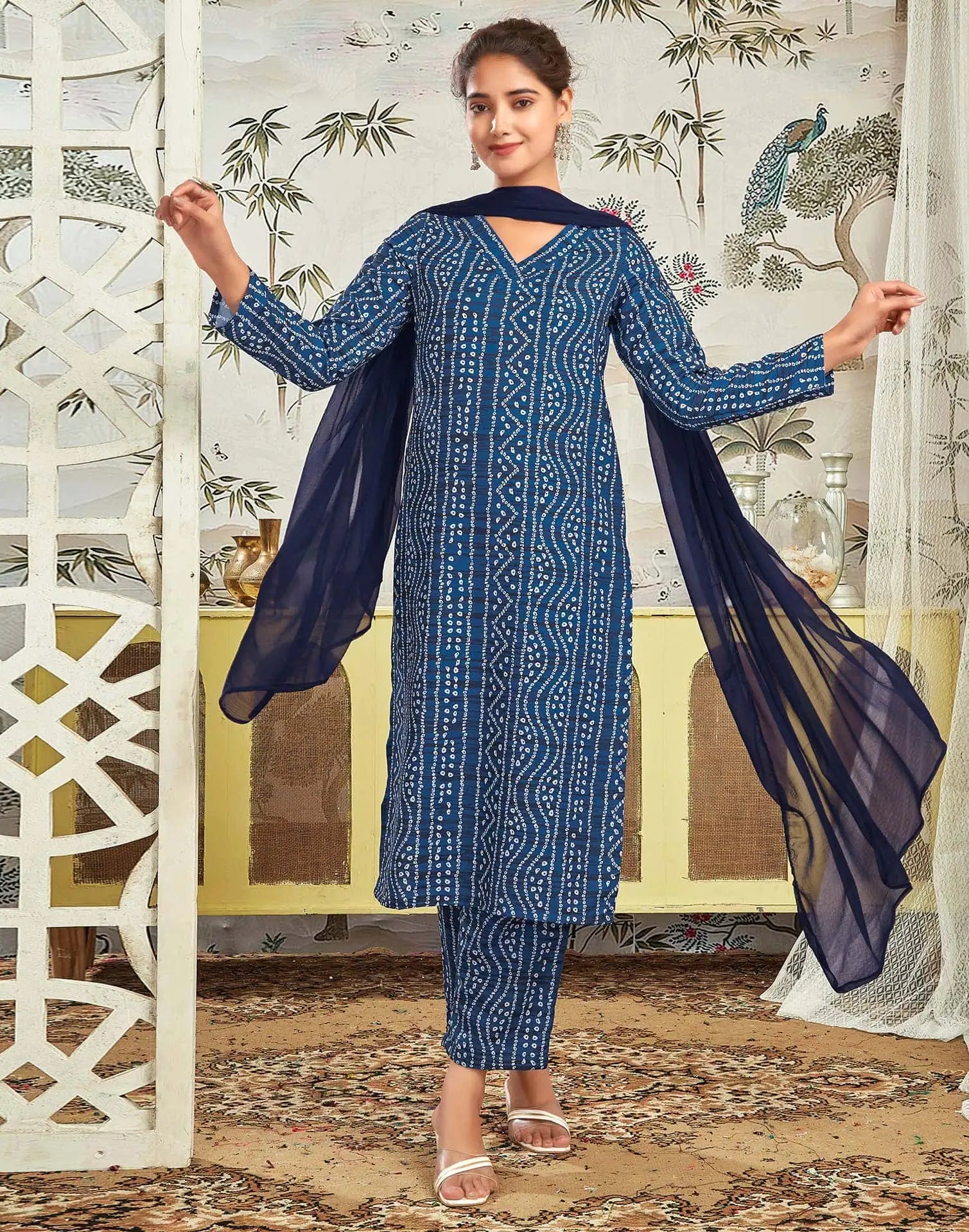 Affordable Dark Blue Bandhani Printed Rayon Kurta set with dupatta 