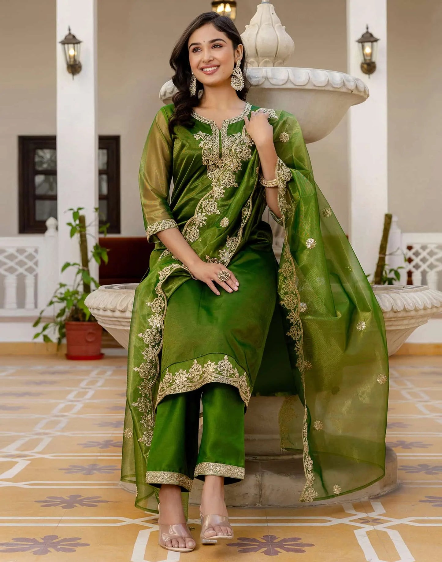 Net Sequins, Embroidery and Gota Lace Straight Kurta with Pant & Dupatta