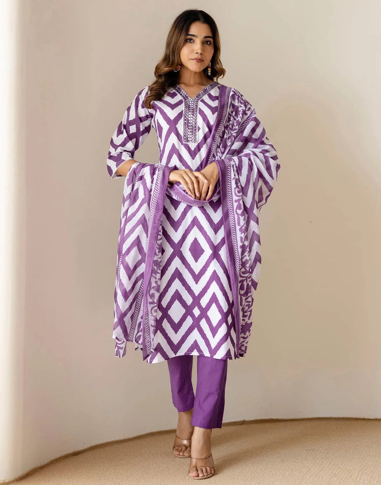 Cotton Straight Printed V-Neck Kurta with Pant & Dupatta