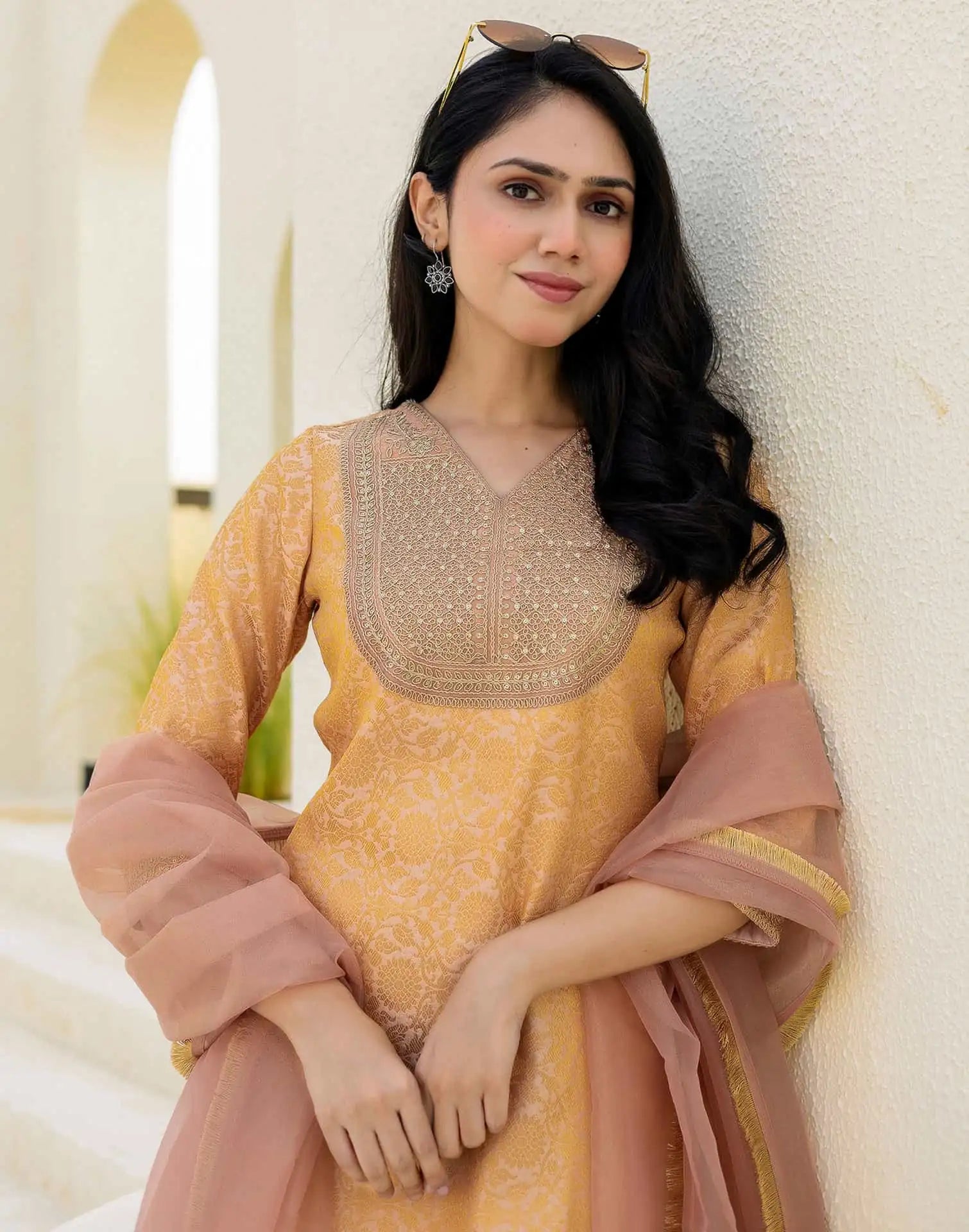 Skylee Jacquard Embroidered Straight 3 Piece Kurta Set For Woman