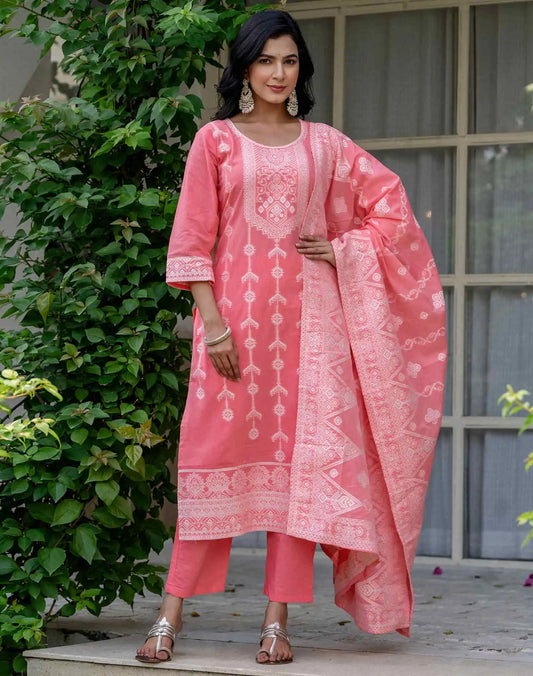 Cotton Woven Design Straight Kurta with Pant & Dupatta