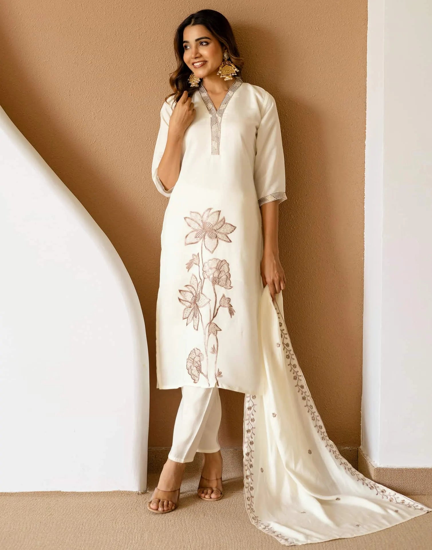 White Silk Embroidered Straight Kurta Set with Pant & Dupatta for Women Casual & Daily Wear under 1299