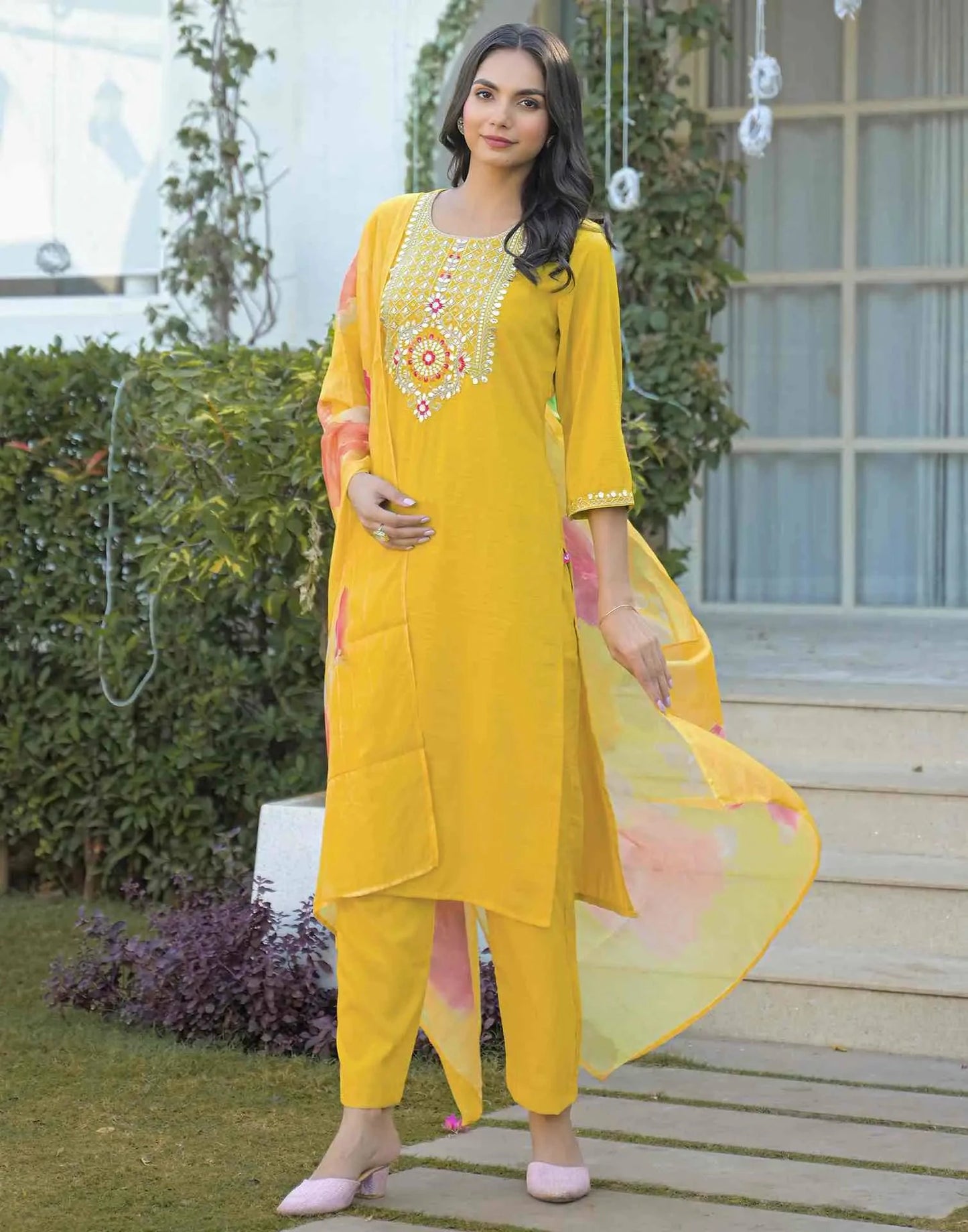 Silk Embroidered Straight Round Neck Kurta with Pant & Dupatta