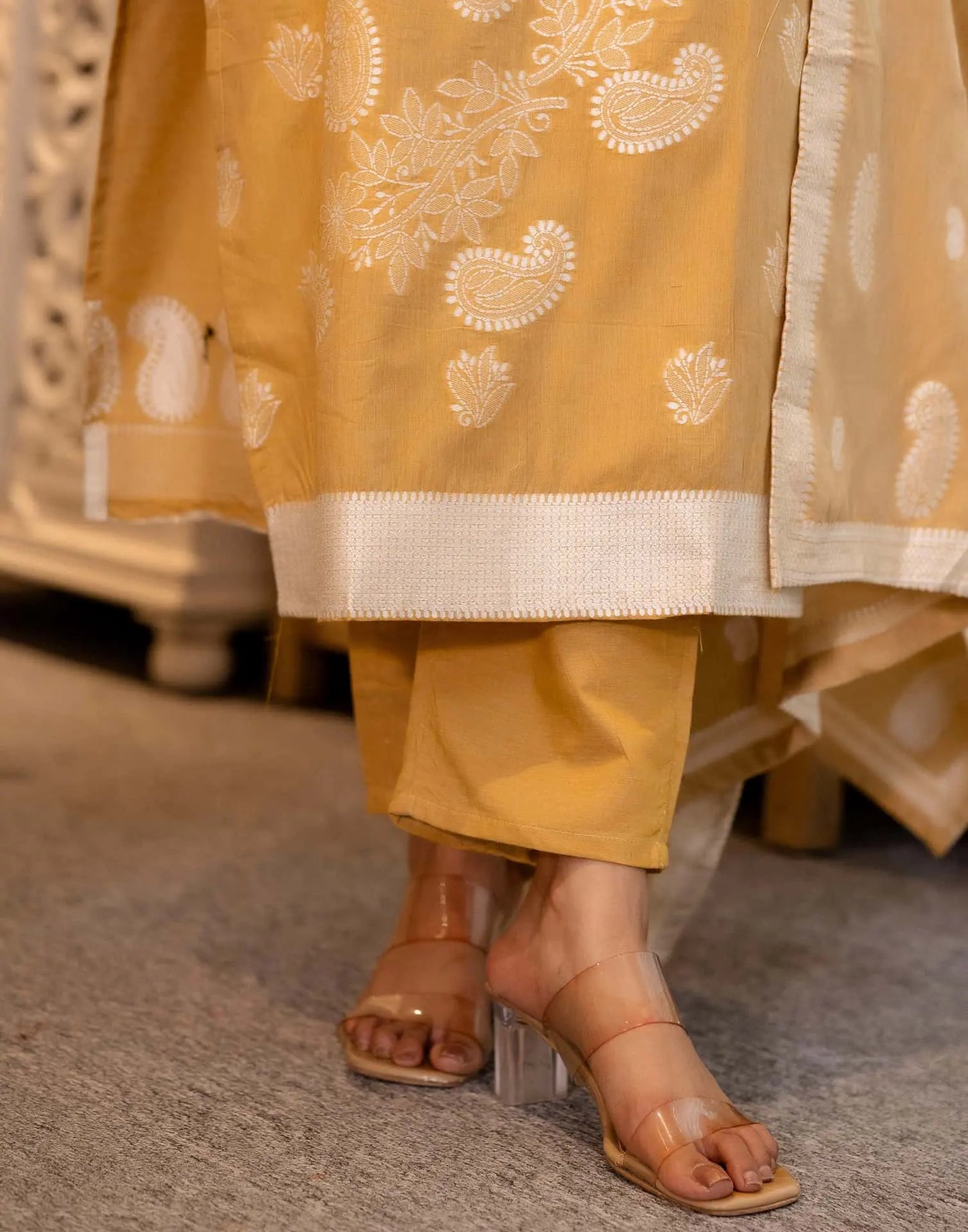 Yellow Cotton Woven Straight Kurta Set with Pant & Dupatta under 1250