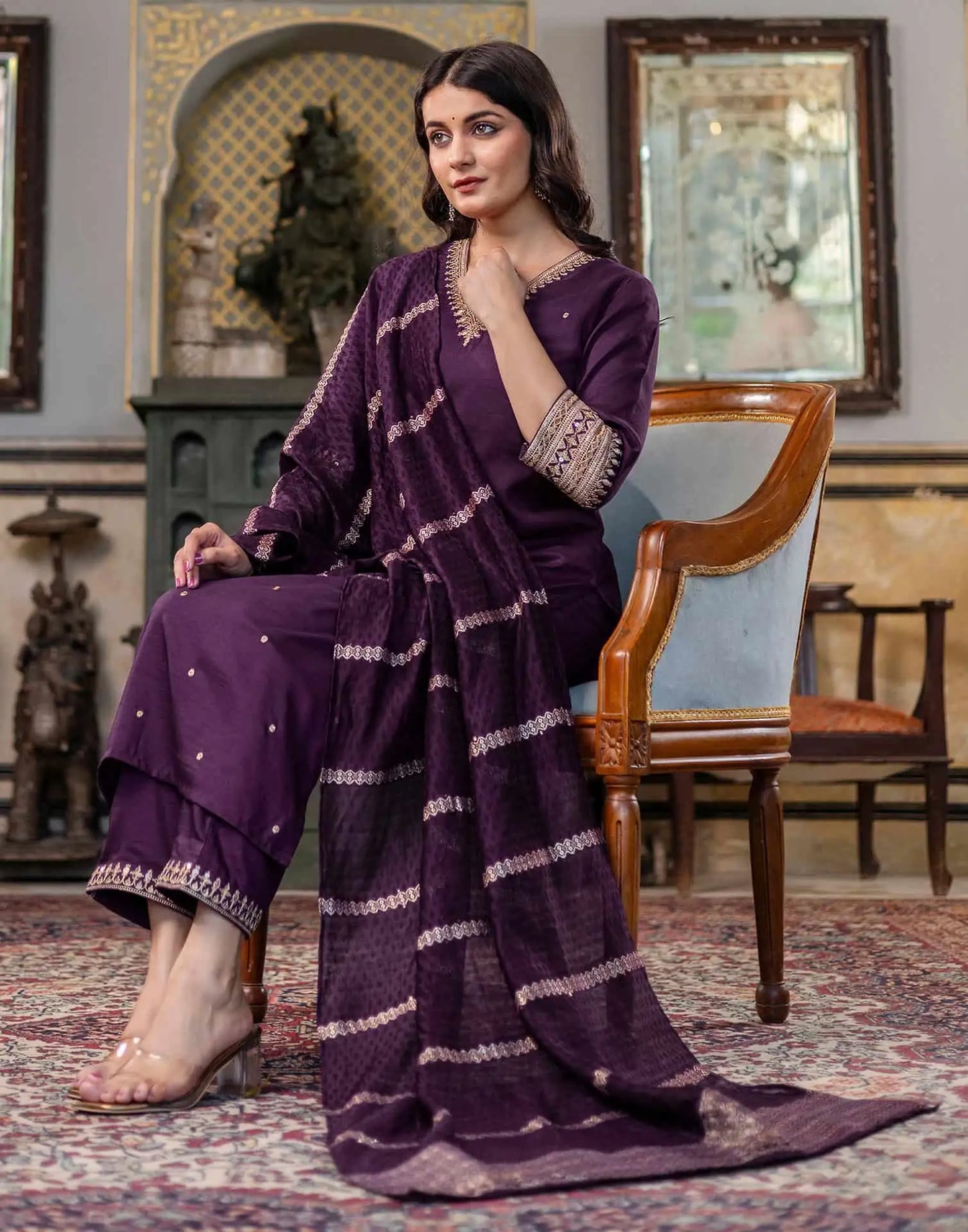 Silk Blend Sequence and Embroidery Work Straight Kurta with Pant & Dupatta