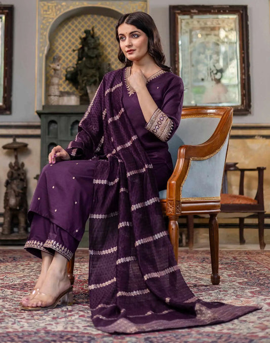 Silk Blend Sequence and Embroidery Work Straight Kurta with Pant & Dupatta