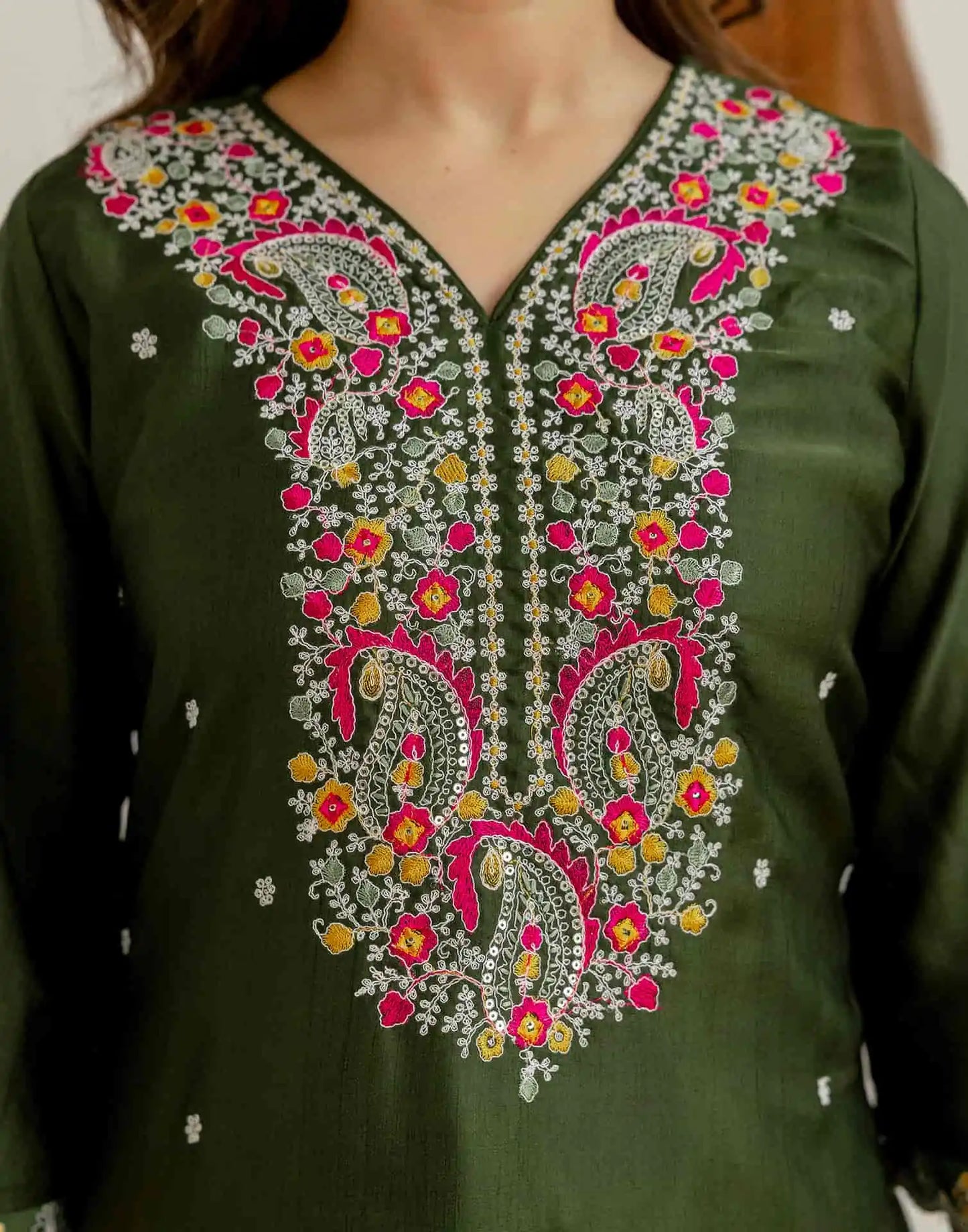 Green Silk Embroidered Straight Kurta Set with Pant and Dupatta for Women under 1299