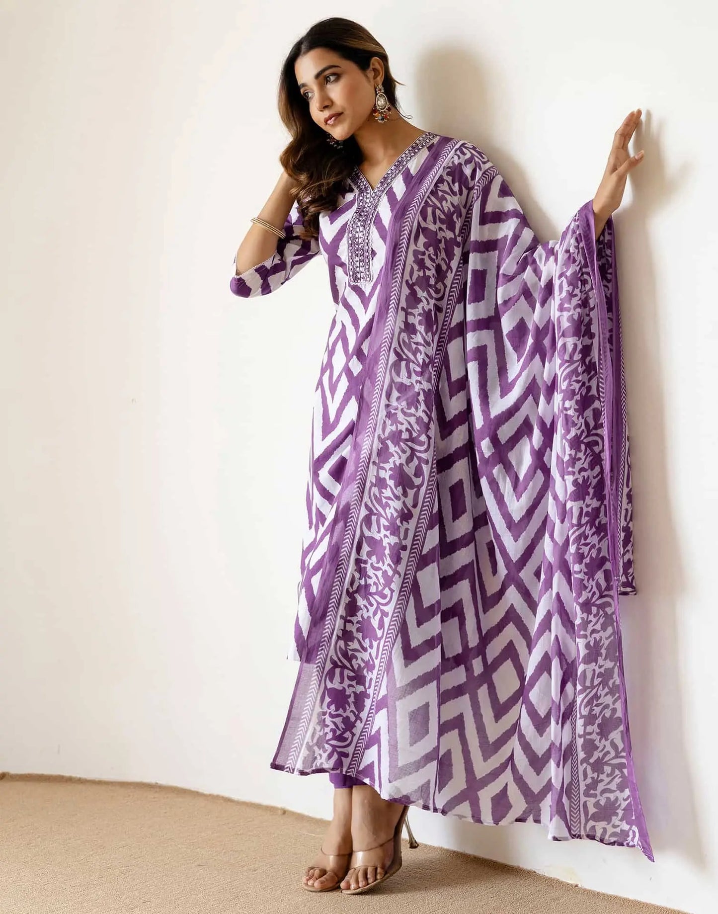 Cotton Straight Printed V-Neck Kurta with Pant & Dupatta