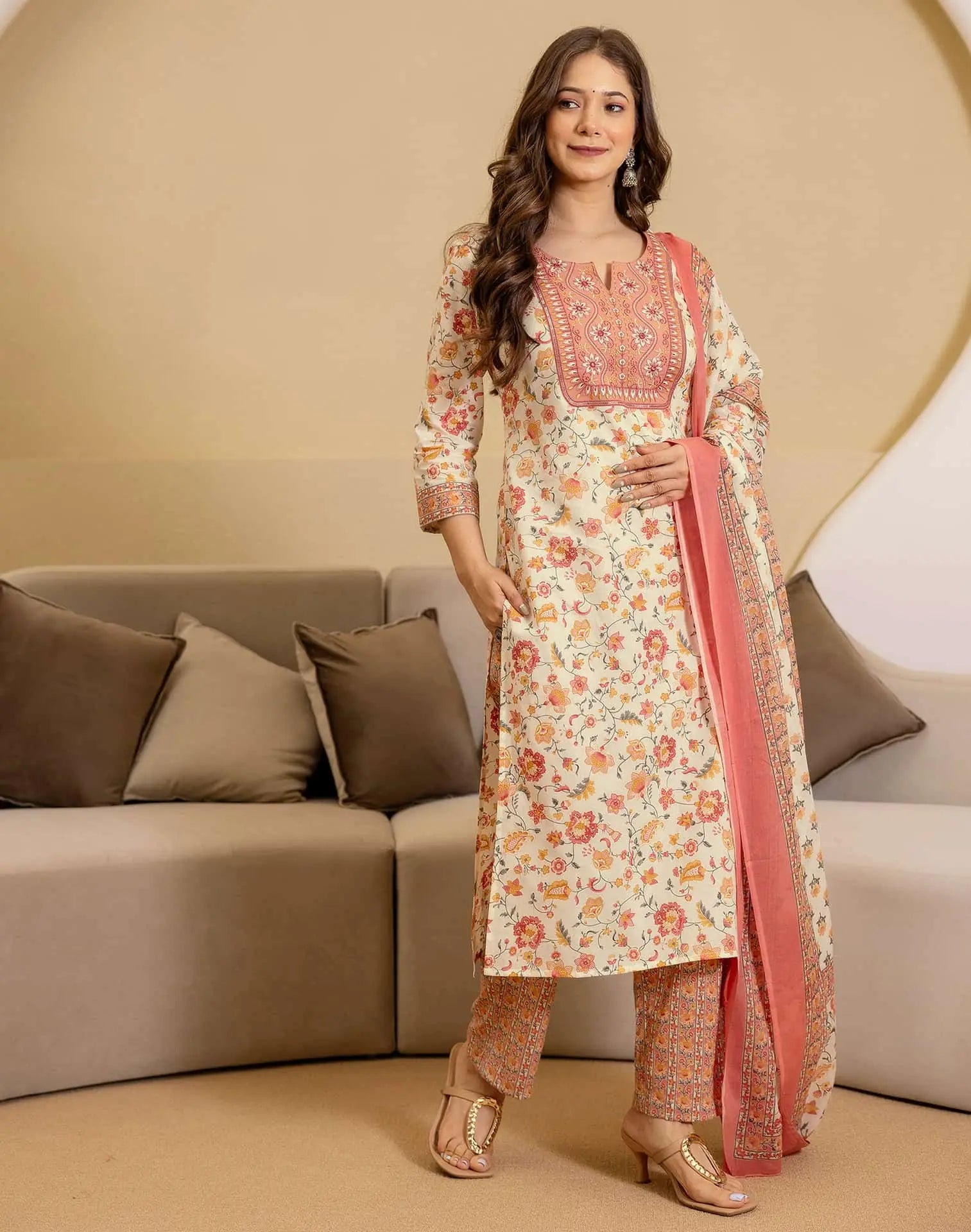 Multi Cotton Printed Straight Kurta with Pant & Dupatta