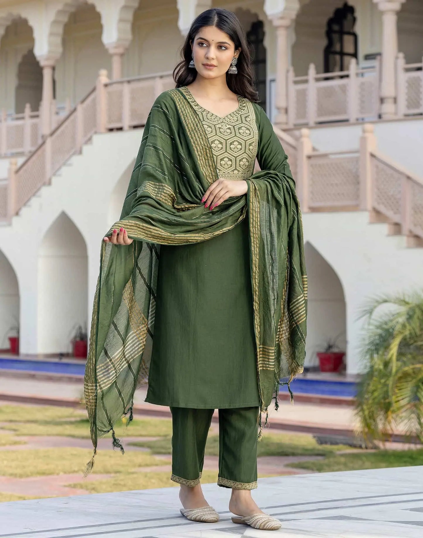 Silk Blend Weaving and Lace Straight Kurta with Pant & Dupatta