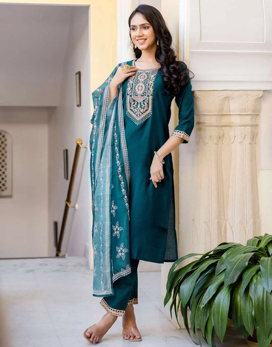 Skylee Green Silk Embroidered Straight Kurta with Pant & Dupatta