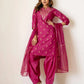 Silk Blend Straight Printed V-Neck Kurta with Pant & Dupatta