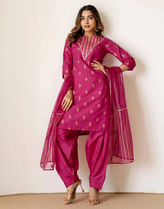 Silk Blend Straight Printed V-Neck Kurta with Pant & Dupatta