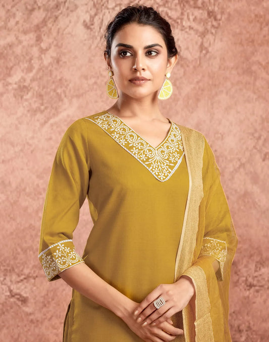 Cotton Blend Embroidered Straight Kurta with Pant & Dupatta