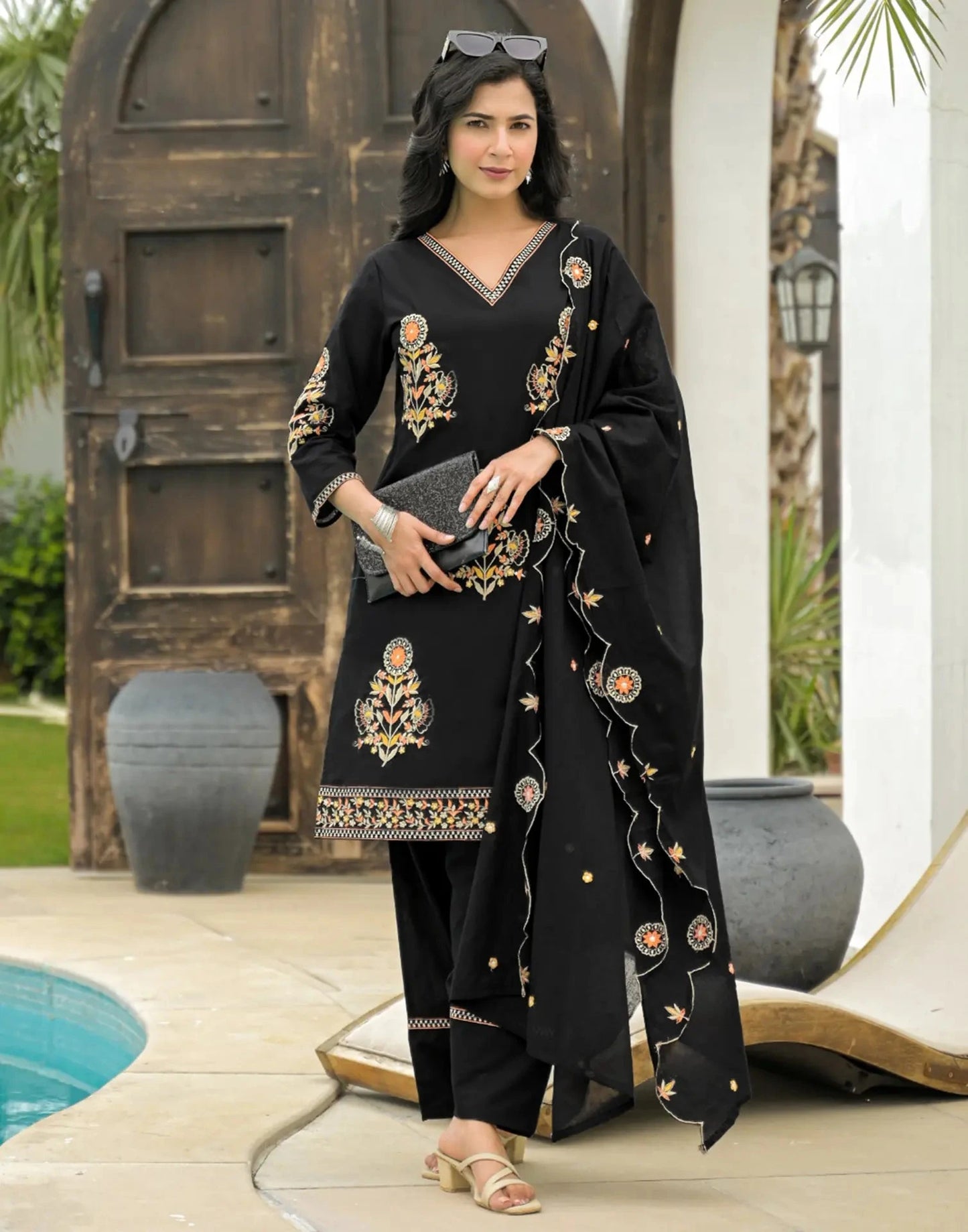 Cotton Embroidered V-Neck Straight Kurta with Pant & Dupatta