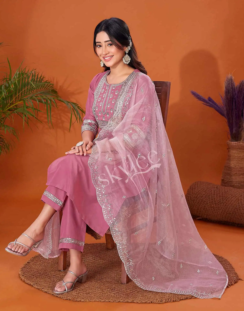 Skylee Viscose Rayon Embroidered Straight 3 Piece Kurta Set For Woman