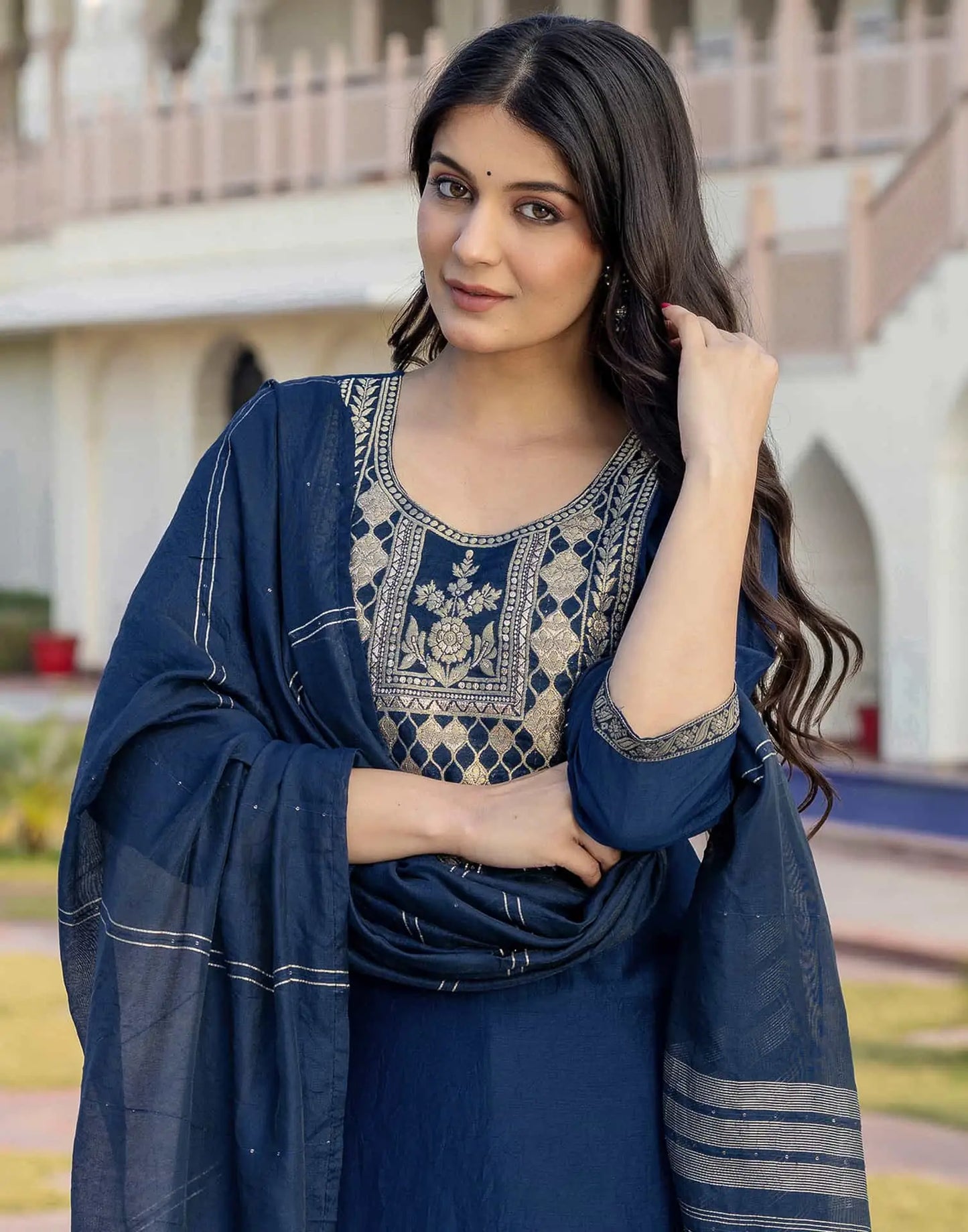 Silk Blend Weaving and Lace Straight Kurta with Pant & Dupatta