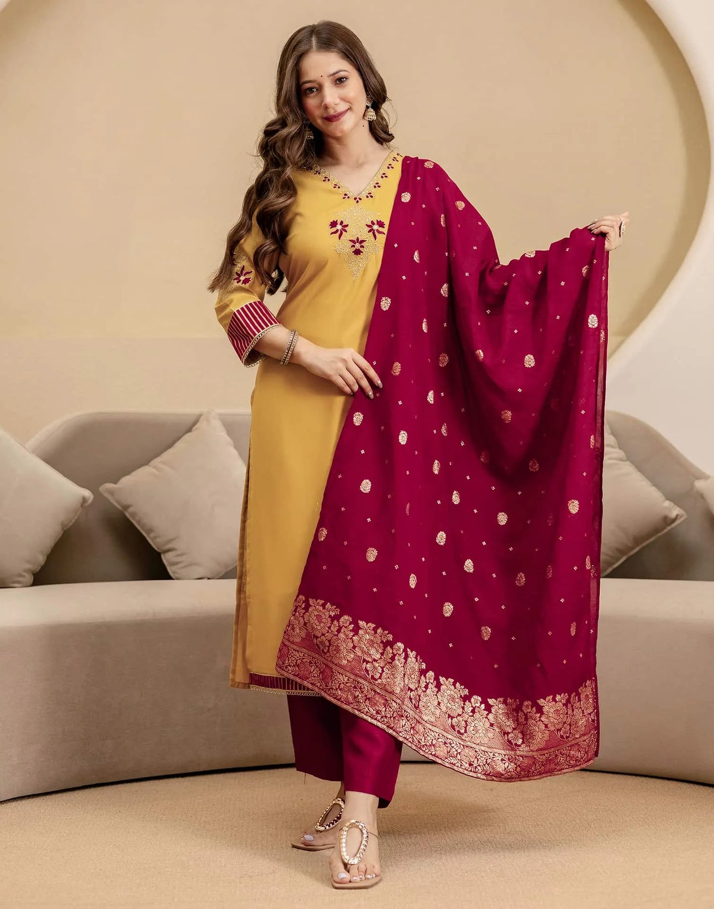 Silk Straight Embroidery V-Neck Kurta with Pant & Dupatta