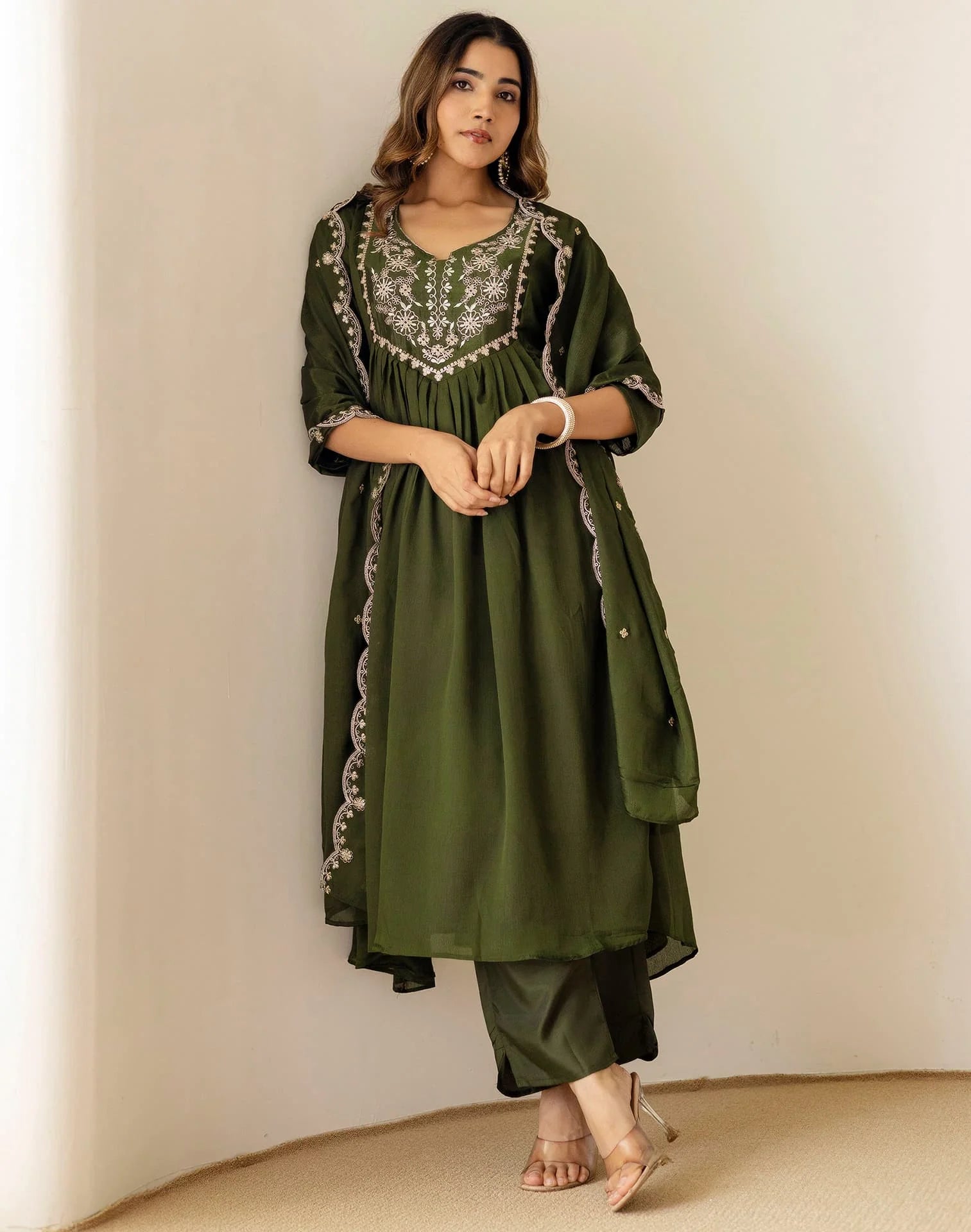 Green Silk Sequin Anarkali Kurta Set with Pant & Dupatta under 1299 