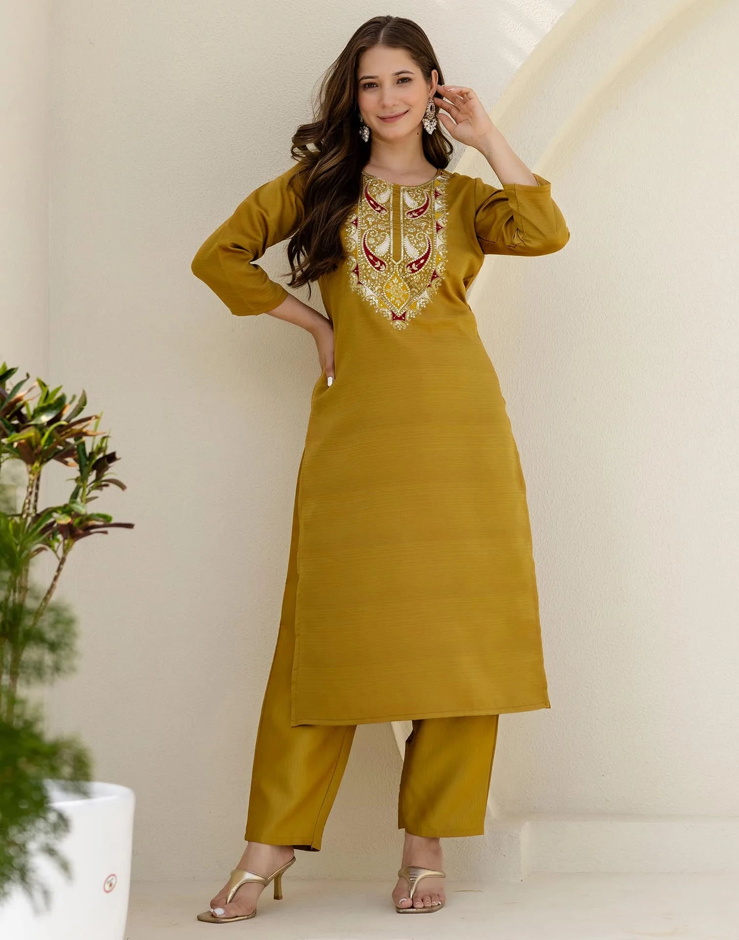Affordable Yellow Silk Embroidered Straight Kurta Set under 999