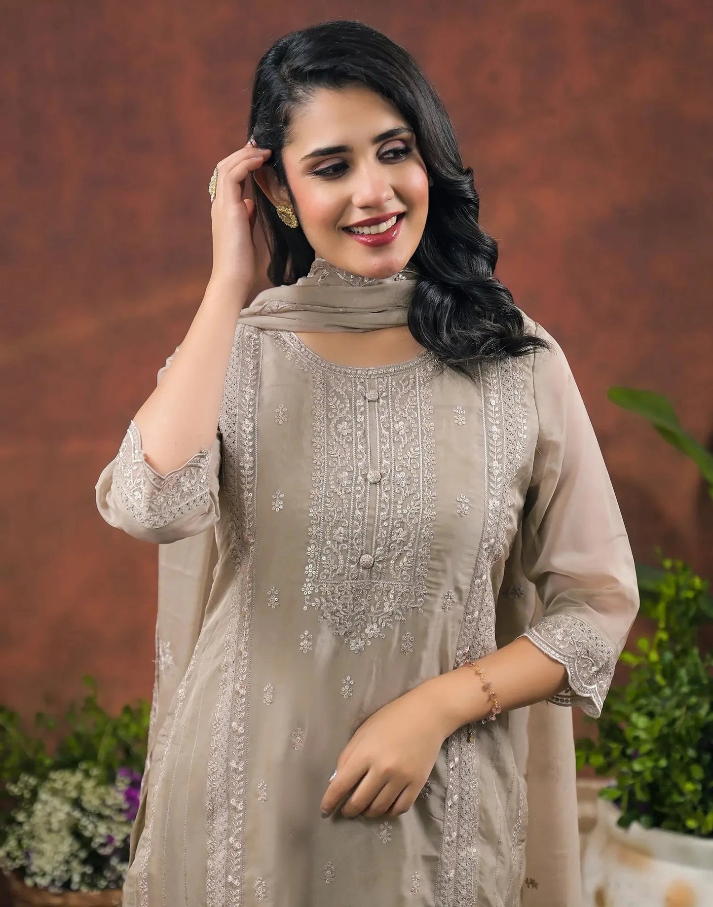 Silk Embroidered Round Neck Straight Kurta with Pant & Dupatta