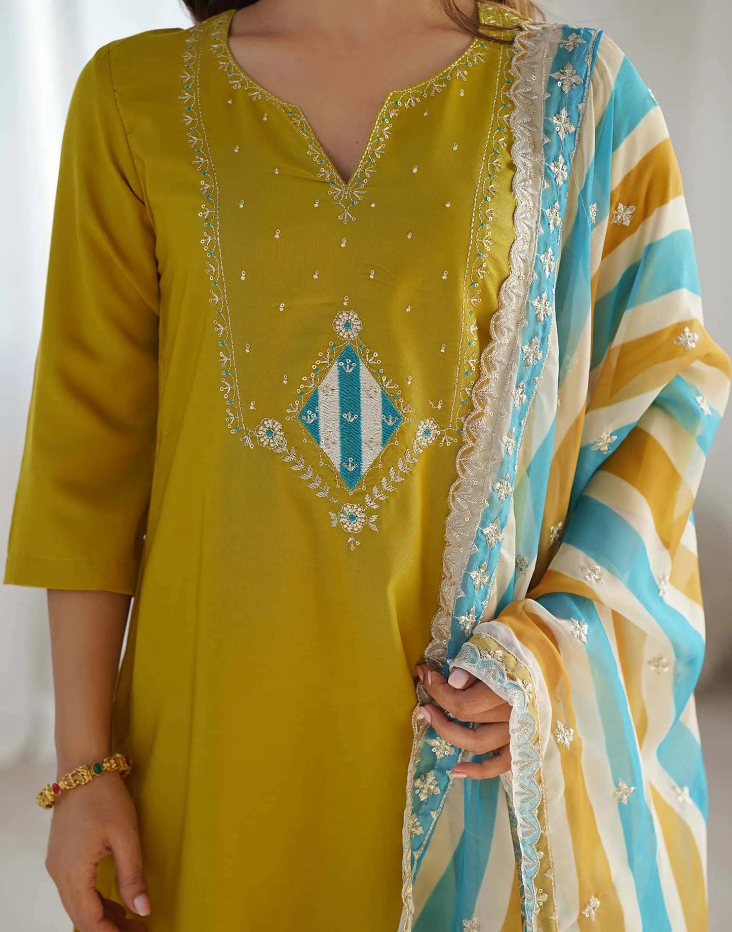 Silk Embroidery and Sequin Work Straight Kurta with Pant & Dupatta