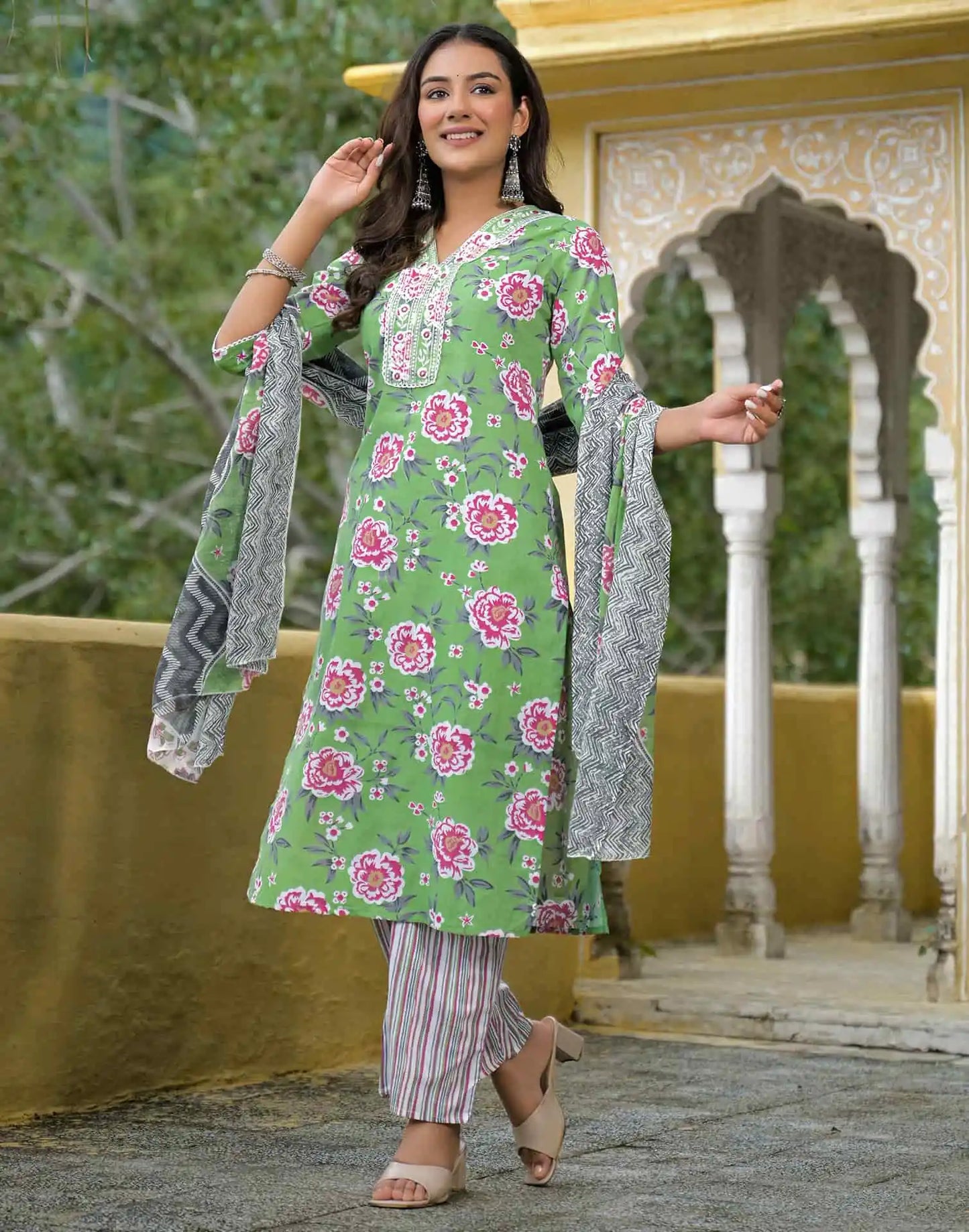 Cotton Straight Printed V-Neck Kurta with Pant & Dupatta