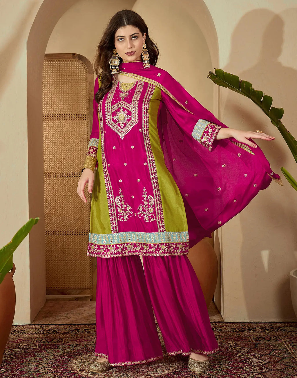 Poly Chinnon Embroidered Straight 3 Piece Kurta Set