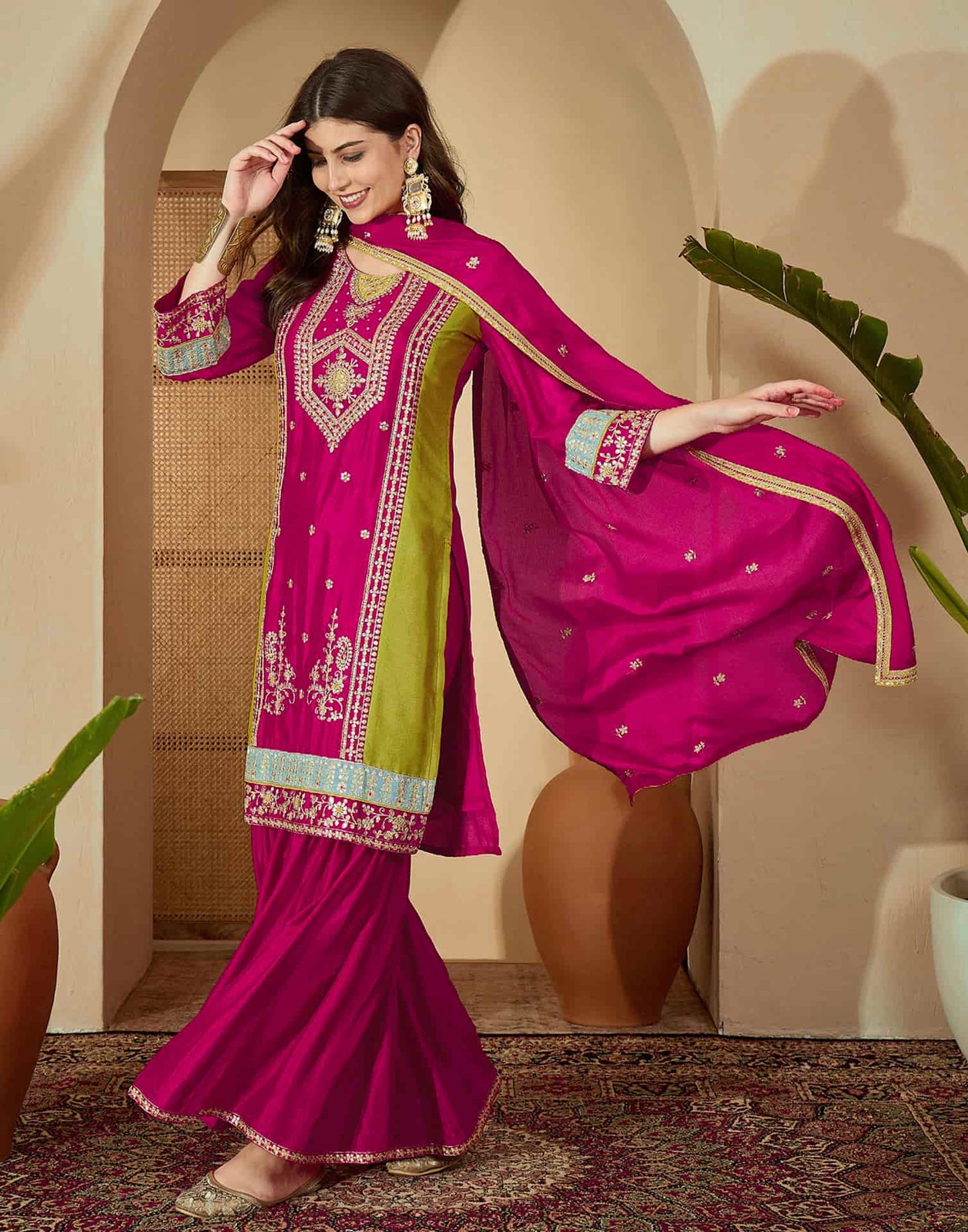 Silk Embroidered Straight Kurta with Pant & Dupatta