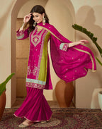 Poly Chinnon Embroidered Straight 3 Piece Kurta Set