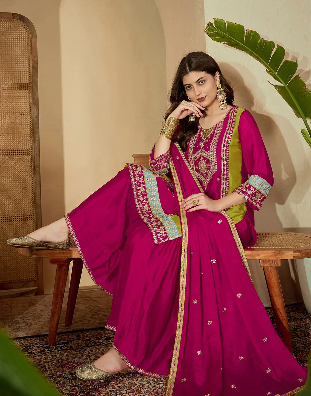 Poly Chinnon Embroidered Straight 3 Piece Kurta Set