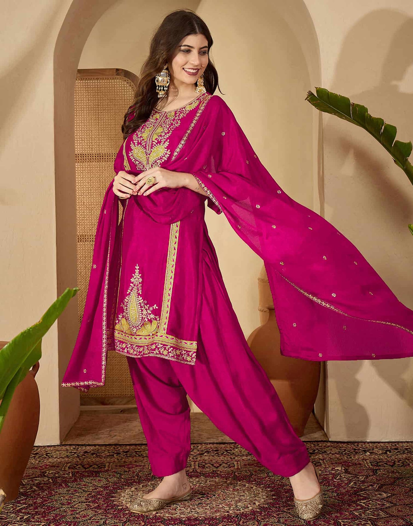 Silk Embroidered Straight Kurta with Pant & Dupatta