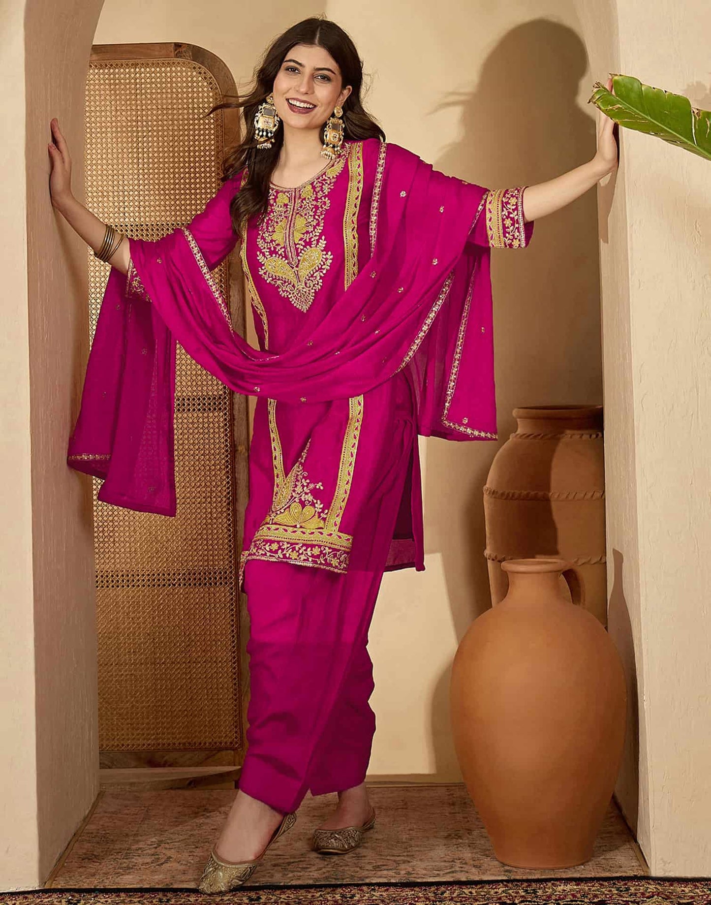 Silk Embroidered Straight Kurta with Pant & Dupatta
