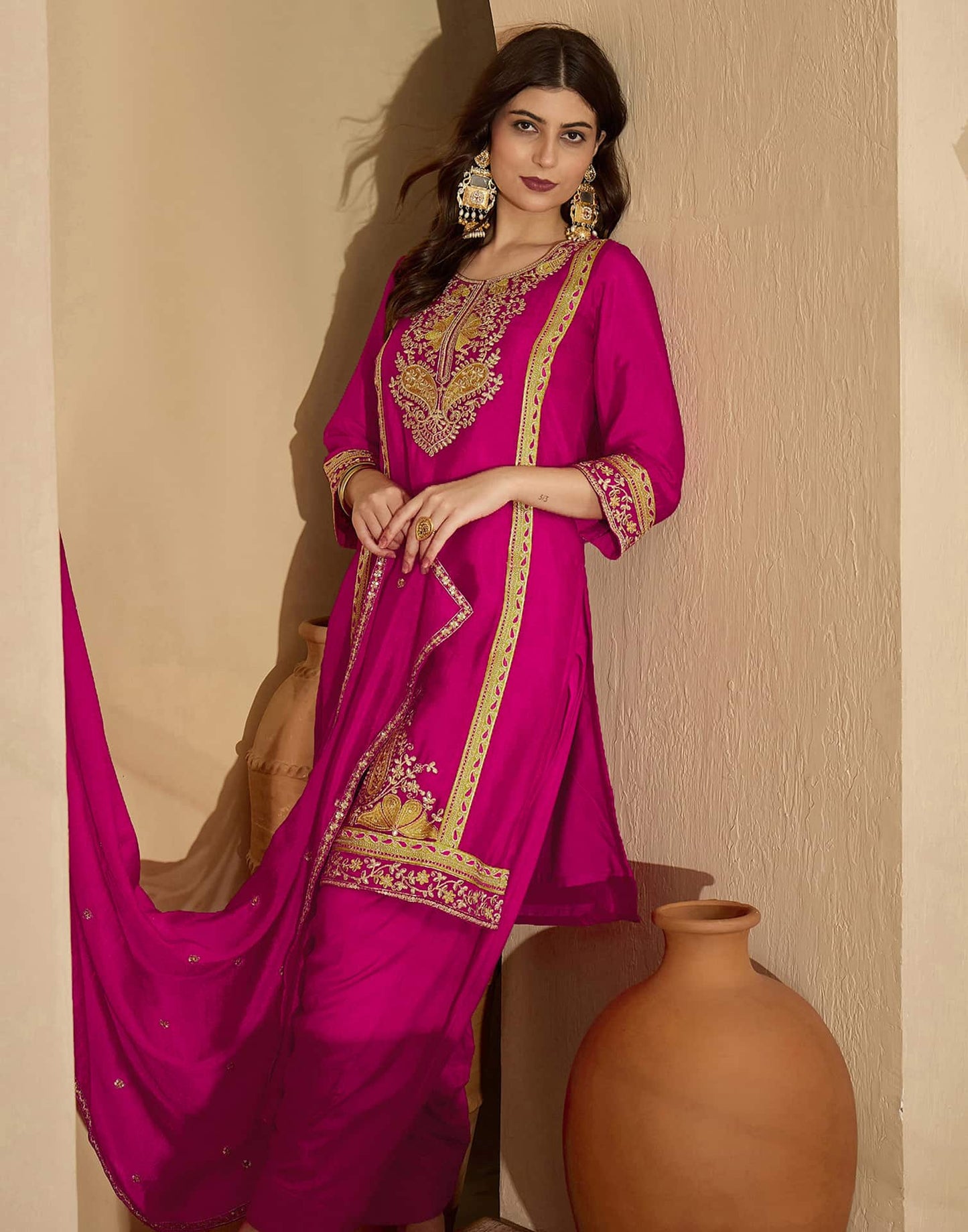 Silk Embroidered Straight Kurta with Pant & Dupatta