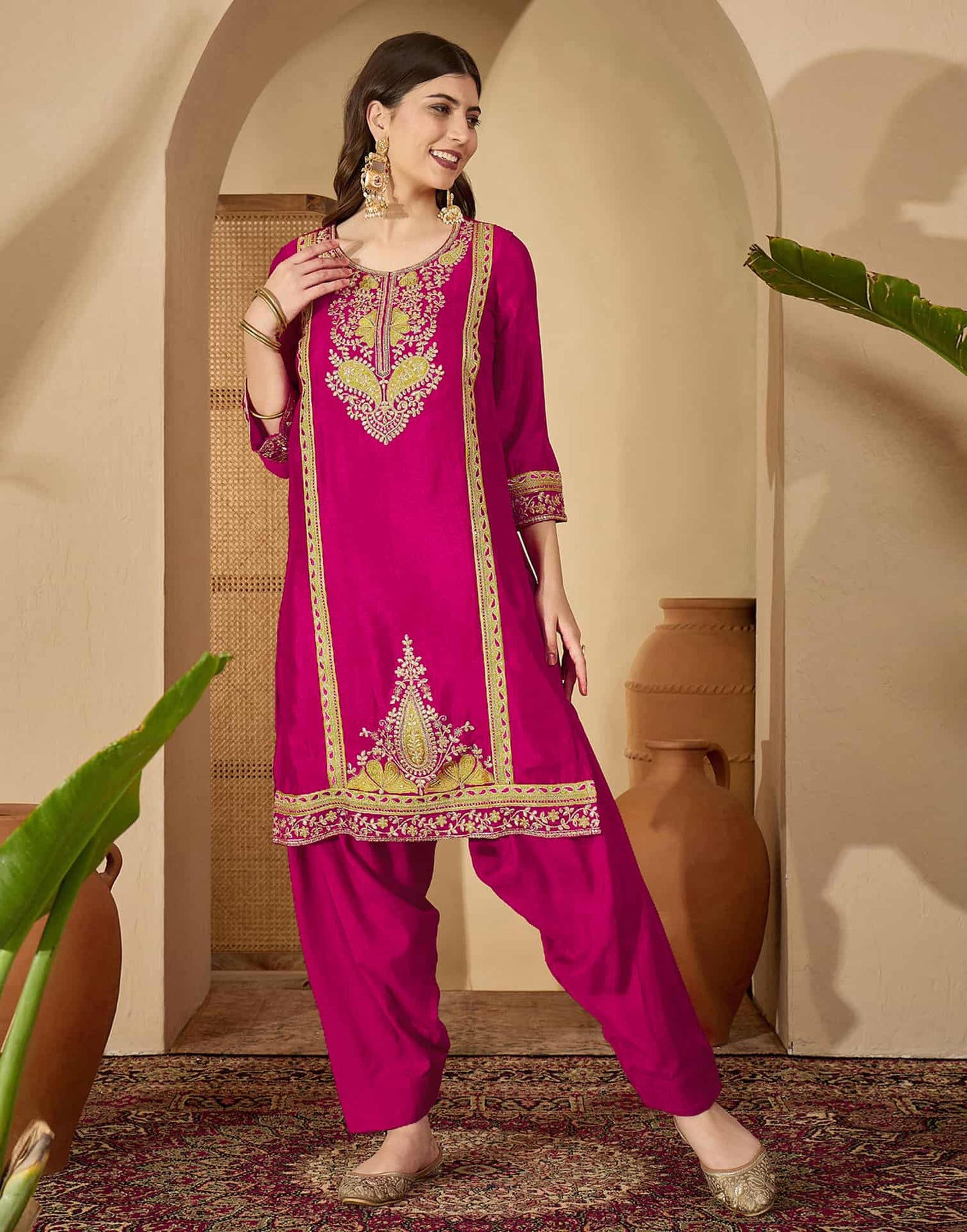 Silk Embroidered Straight Kurta with Pant & Dupatta
