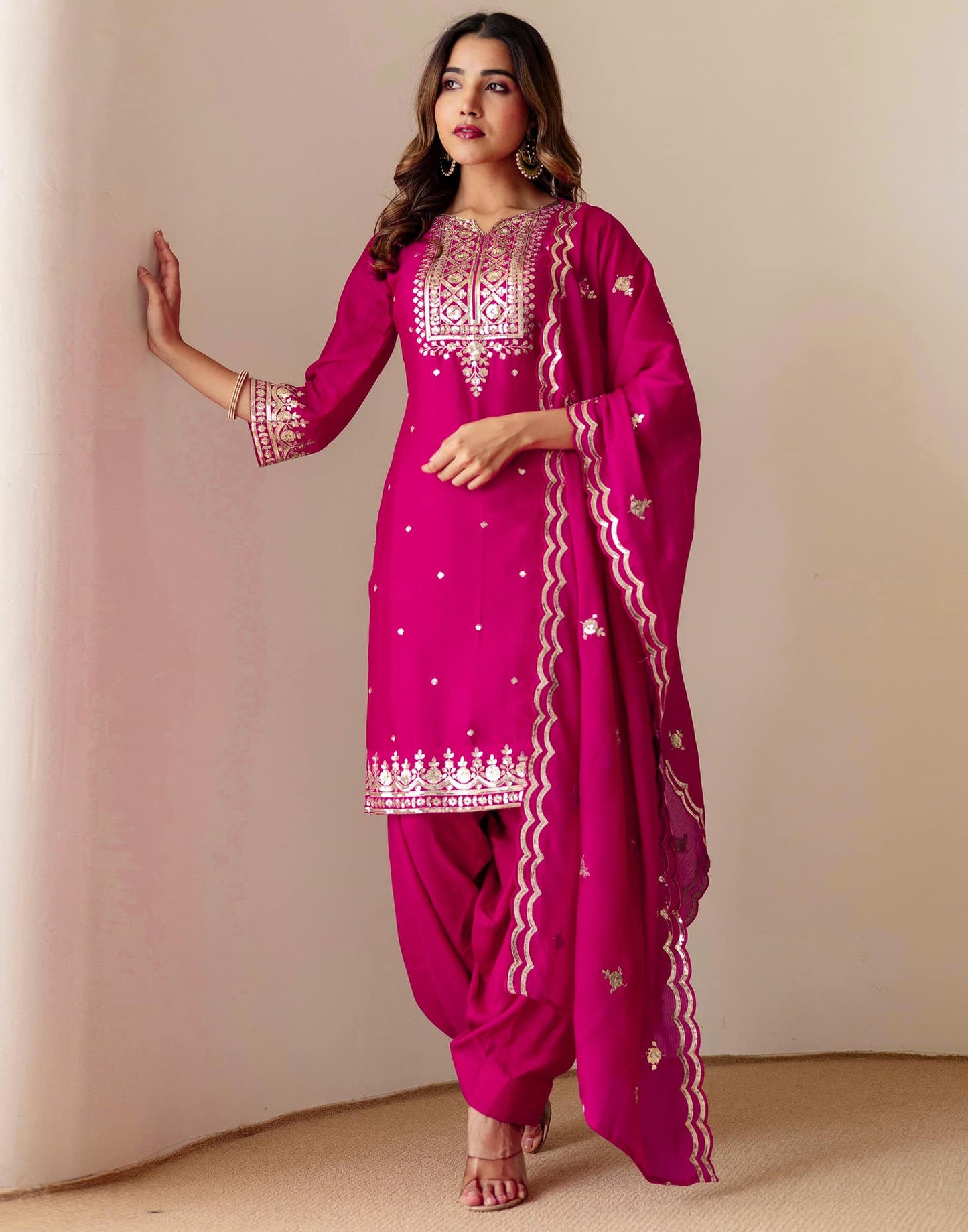 Silk Embroidered Straight Kurta with Pant & Dupatta