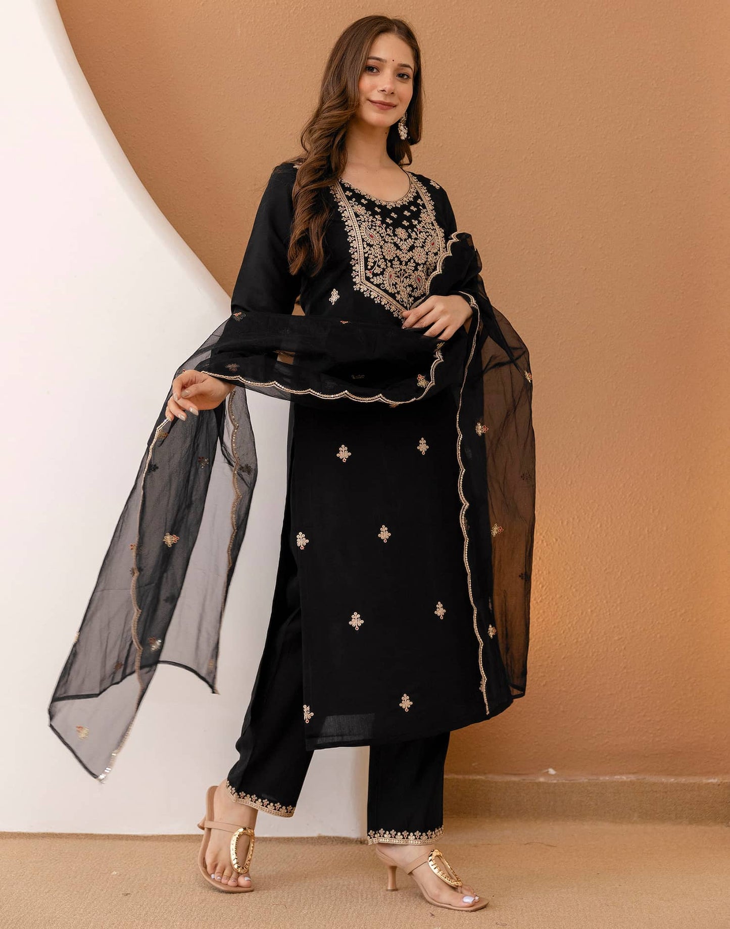 Silk Embroidered Straight Kurta with Pant & Dupatta