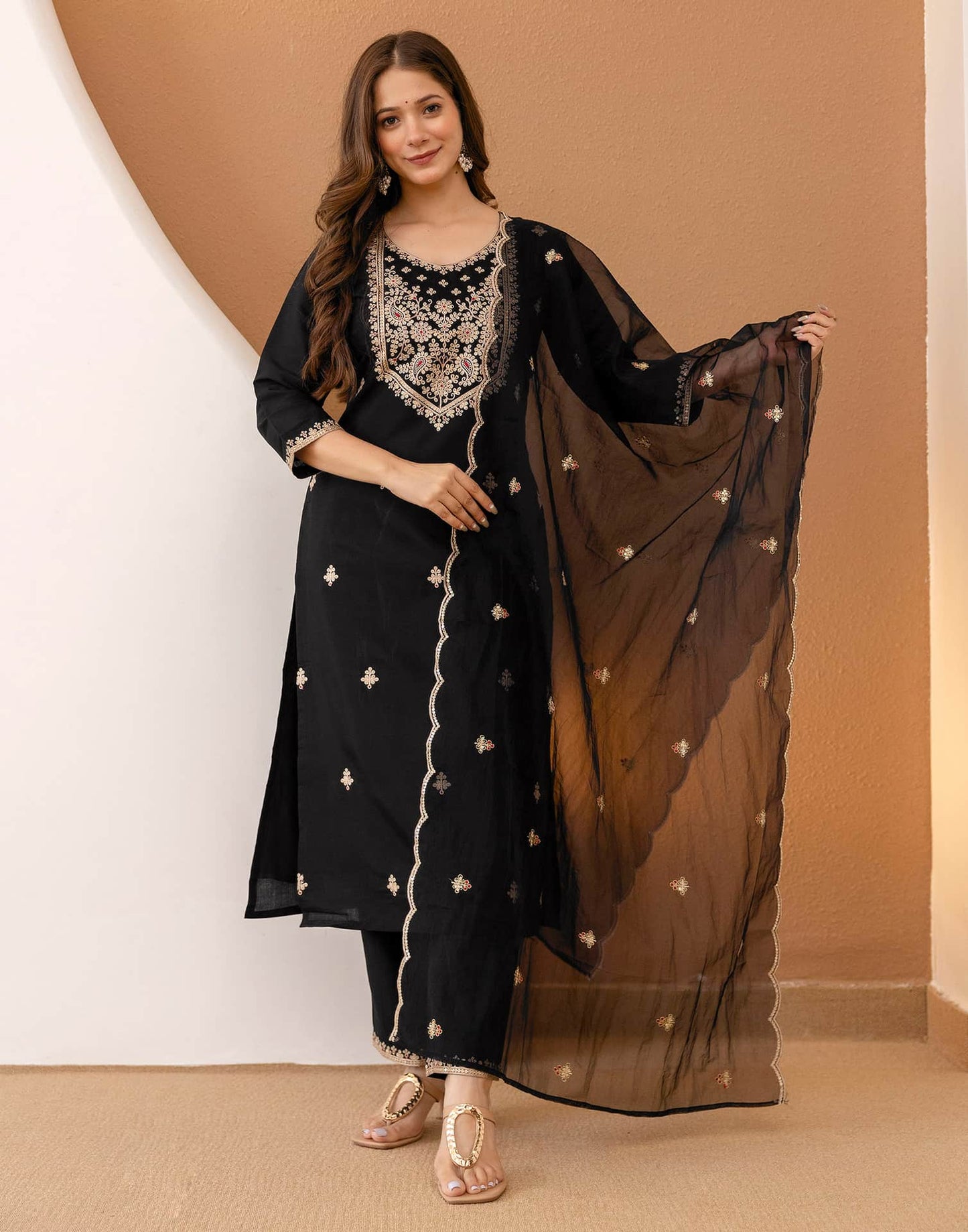 Silk Embroidered Straight Kurta with Pant & Dupatta