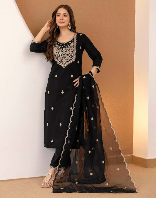 Silk Embroidered Straight Kurta with Pant & Dupatta