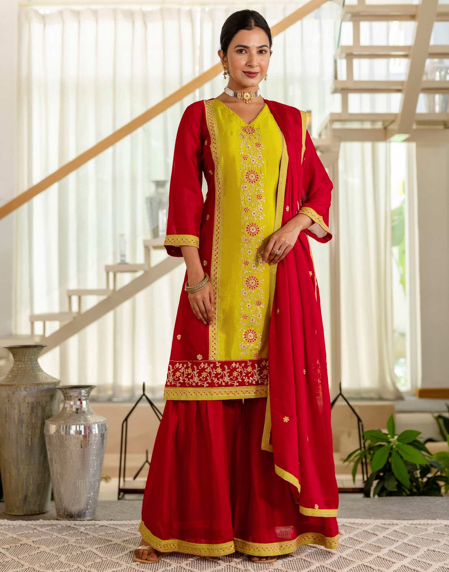 Silk Straight Embroidery V-Neck Kurta with Pant & Dupatta