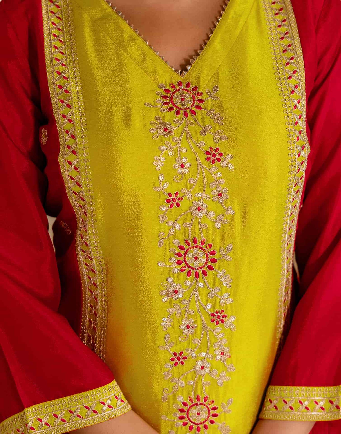 Silk Straight Embroidery V-Neck Kurta with Pant & Dupatta