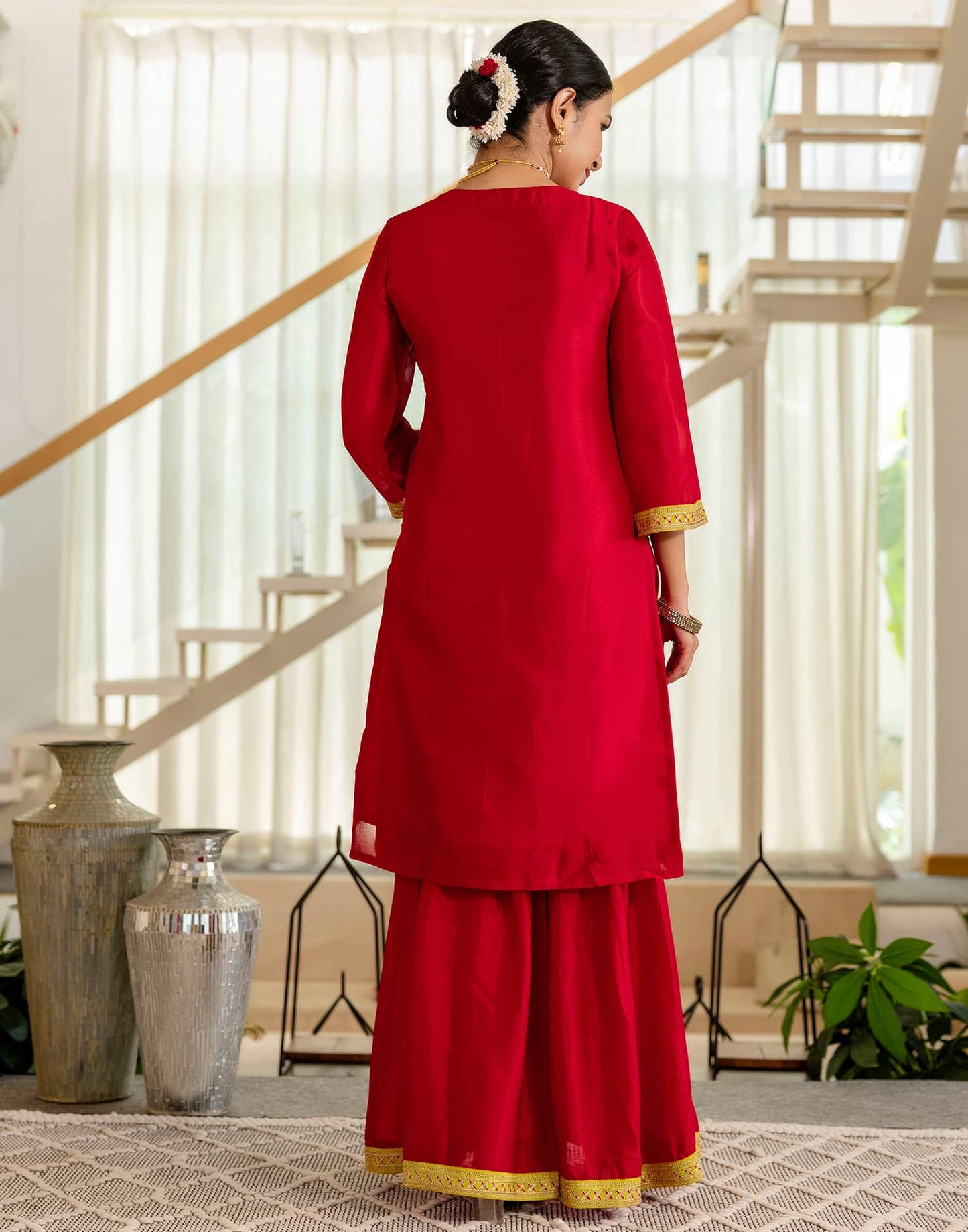 Silk Straight Embroidery V-Neck Kurta with Pant & Dupatta