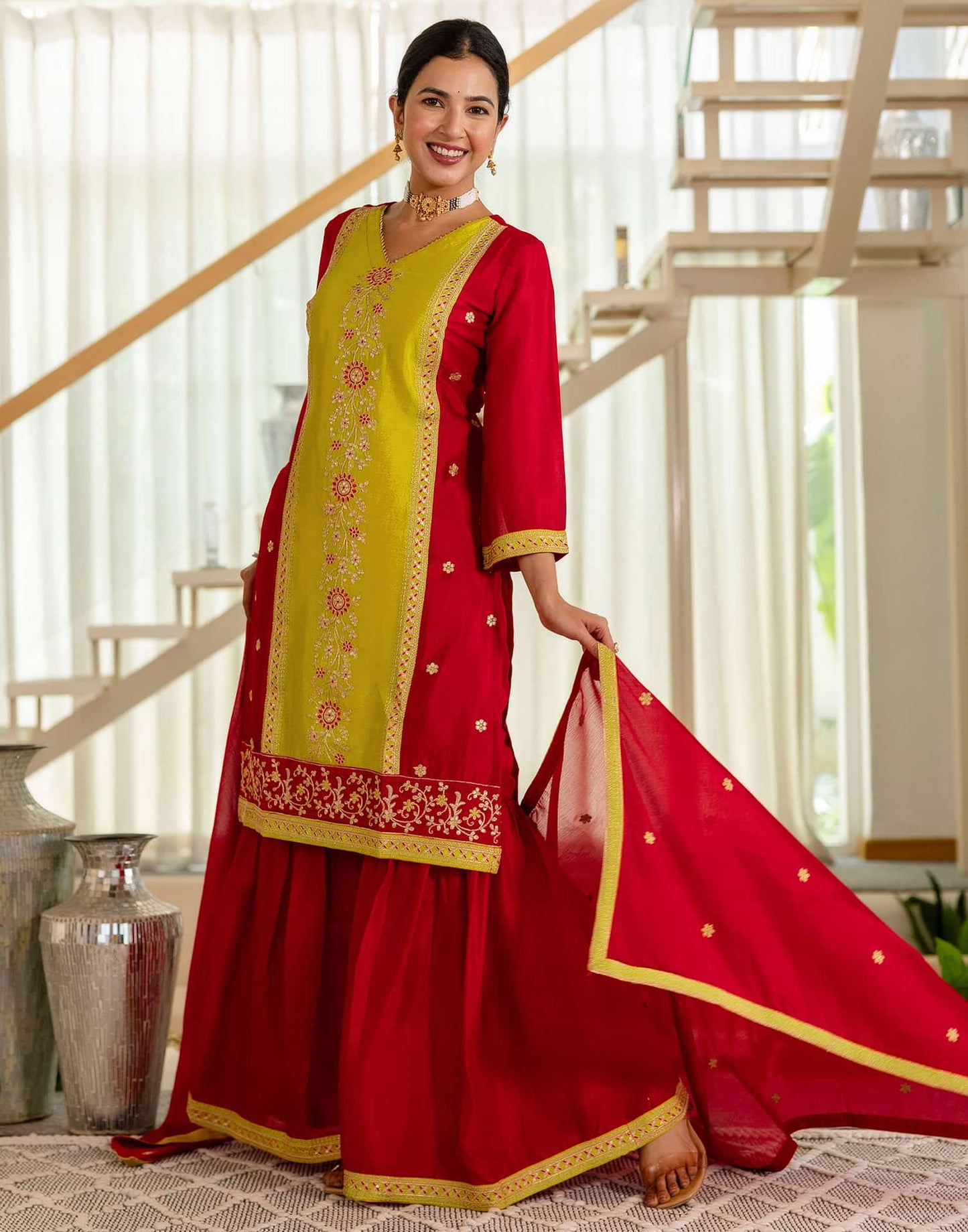 Silk Straight Embroidery V-Neck Kurta with Pant & Dupatta
